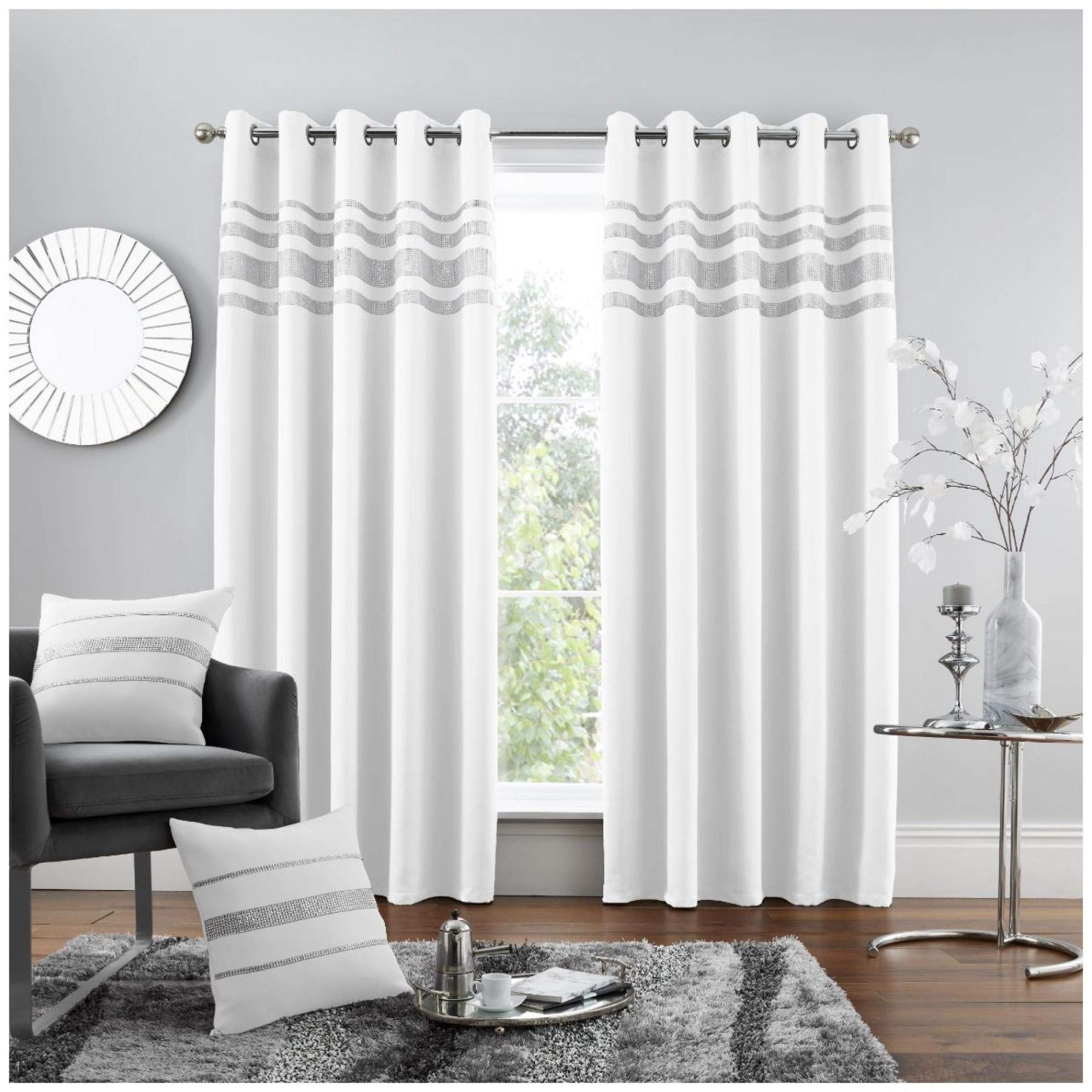 Gc Gaveno Cavailia White Eyelet Darkening Blackout Luxury Thermal Curtains For Living Room, Polyester Diamante Shiny Ring Curtain, 66X72 Inch,