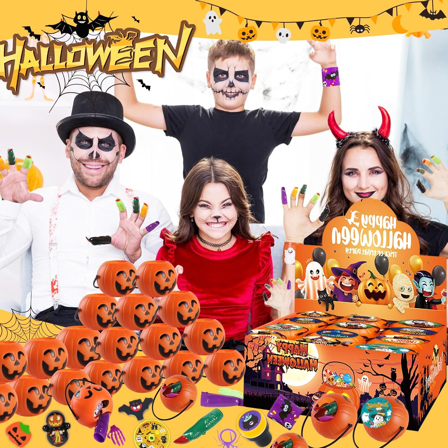 240PCS Bulk Halloween Party Favors - 24 Pack Pre-filled Mini Pumpkin Buckets Set, Non-Candy Treats Toys & Goodie Bags Stuffers for Trick or Treat, Kids' Prizes