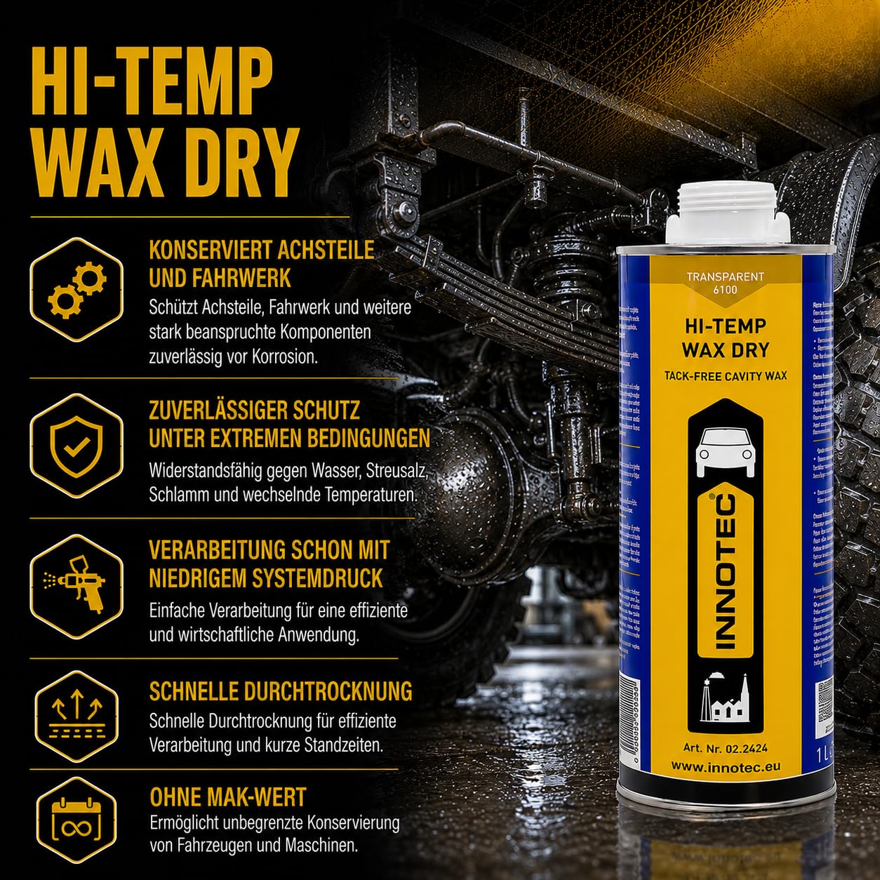 2 Stück Innotec Hi-Temp Wax Dry Transparent - Next Level Konservierung für Automotive & Industrie - Idealer Unterbodenschutz und Hohlraumkonservierung - Rostschutzmittel für Fahrzeuge - 1 Liter Dose