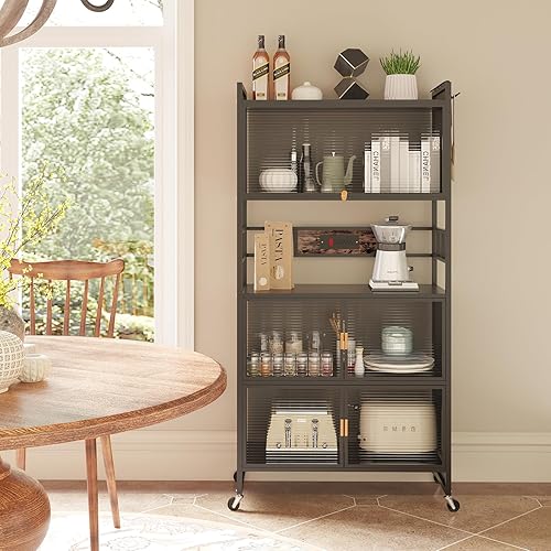 Miniatura 4 de REENLIV Estante para panaderos de 5 niveles con toma de corriente, soporte para microondas, soporte para pan, soporte para café, estante de