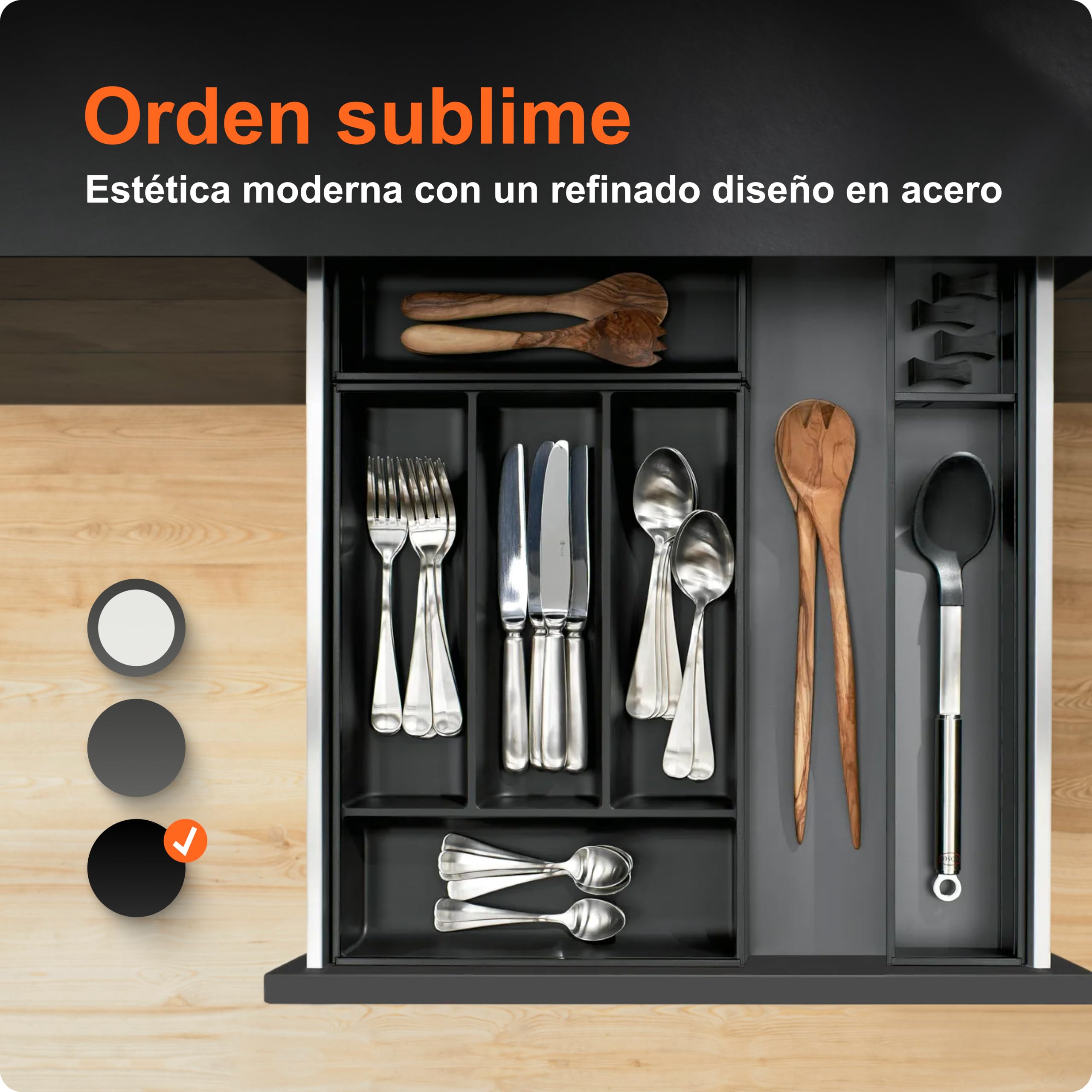 blum AMBIA-LINE cubertero con Soft-Touch | organizador de cajón premium para cajones y muebles de cocina modernos | protege, ordena y organiza cubiertos | 42×30×5 cm | Negro carbón