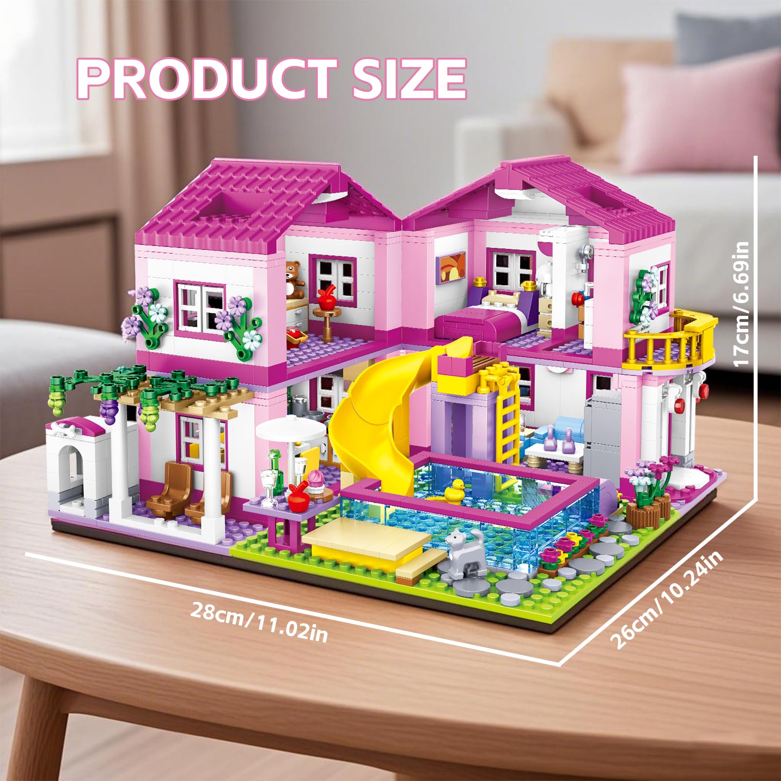 Pink Summer Pool Villa Building Block Set Friends Construction Educational Toy 1018 Pieces Gifts for Girls Teens Kids Adults Ages 6+