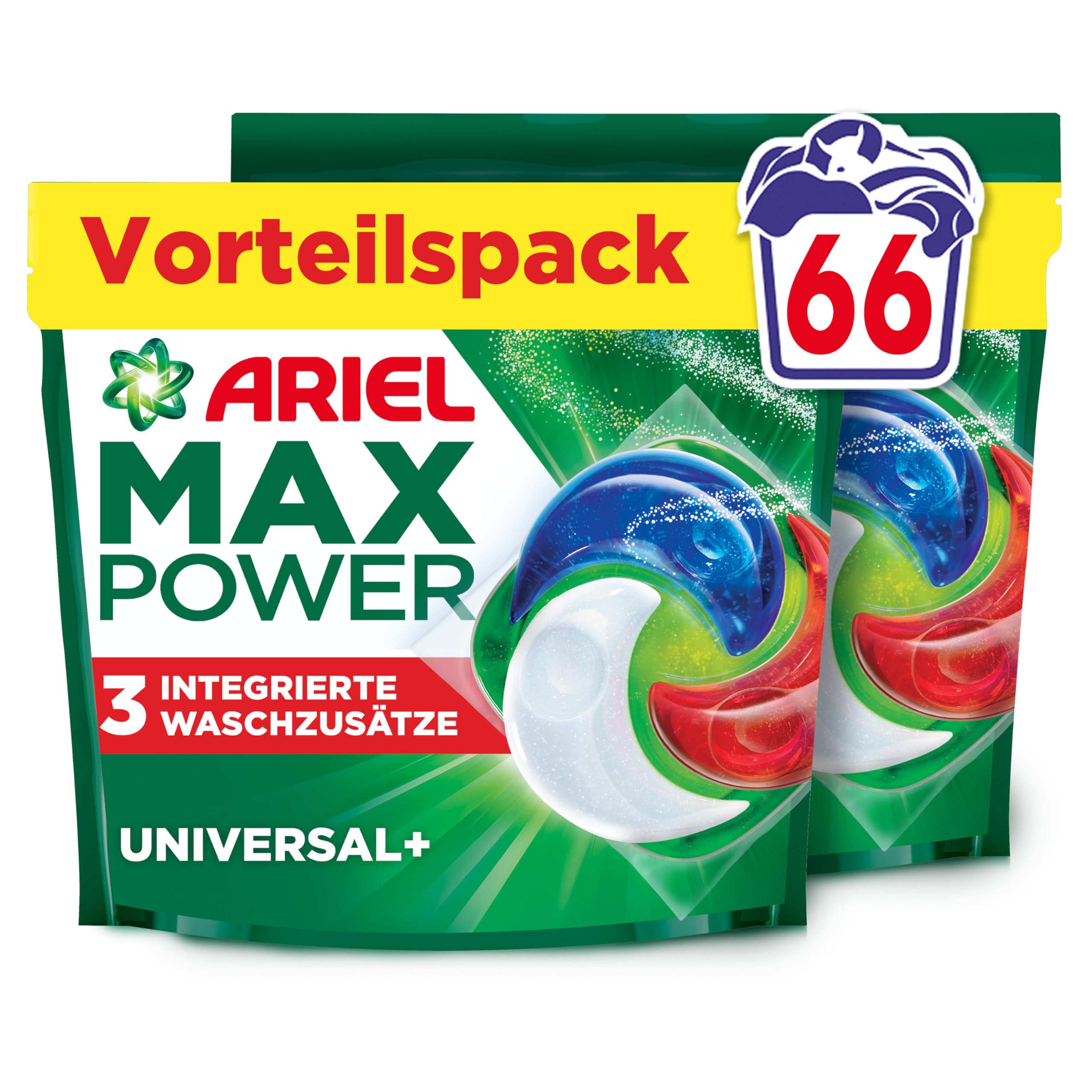 Ariel Max Power PODS®, Flüssigwaschmittelkapseln 66 Wäschen, Universal+, Mit 3 integrierten Waschzusatzstoffen