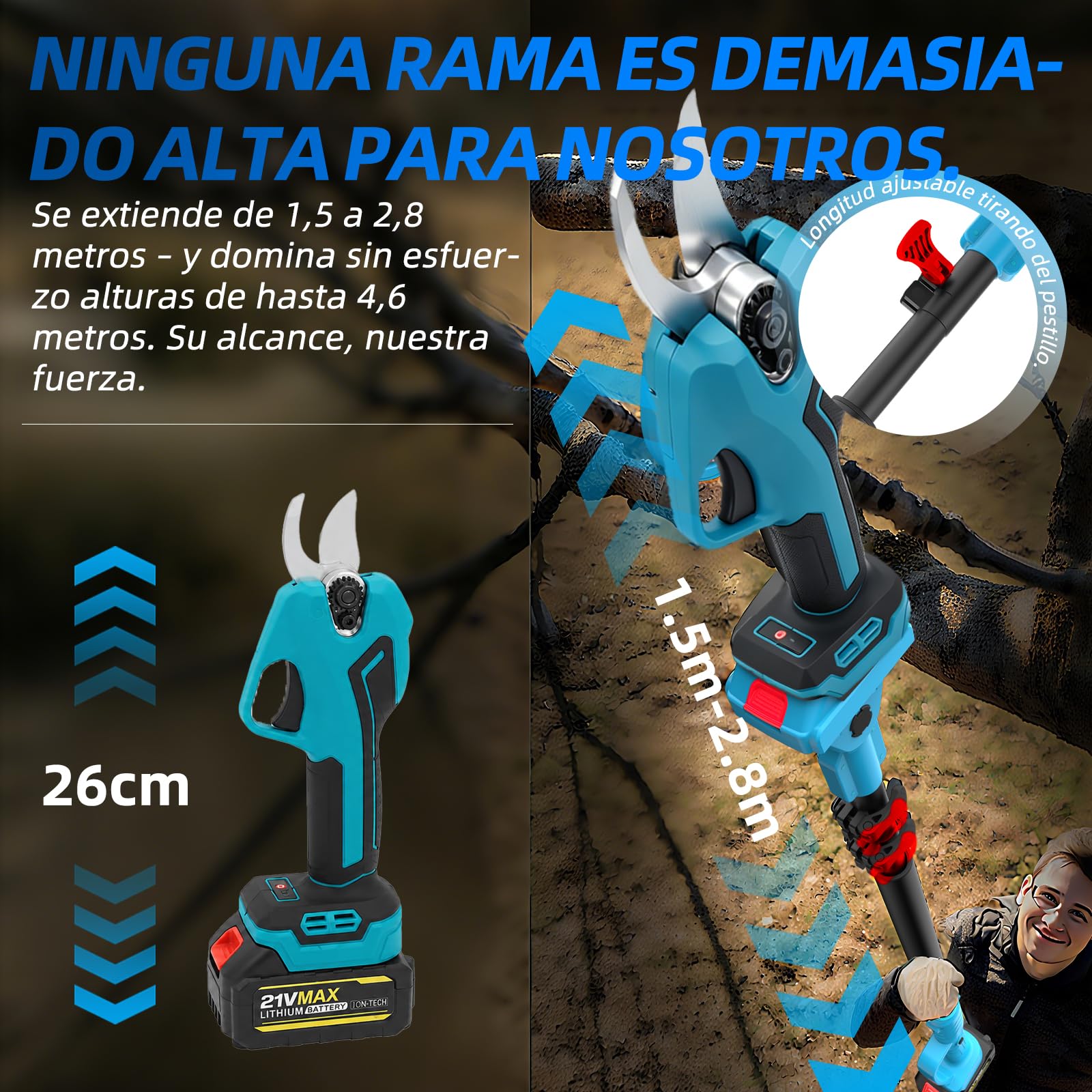 Tijeras de podar telescópicas con batería: equipadas con dos baterías de 4000 mAh, cuchillas SK5 de 40 mm, 4,5 metros de longitud total, para cortar árboles arbustos y setos