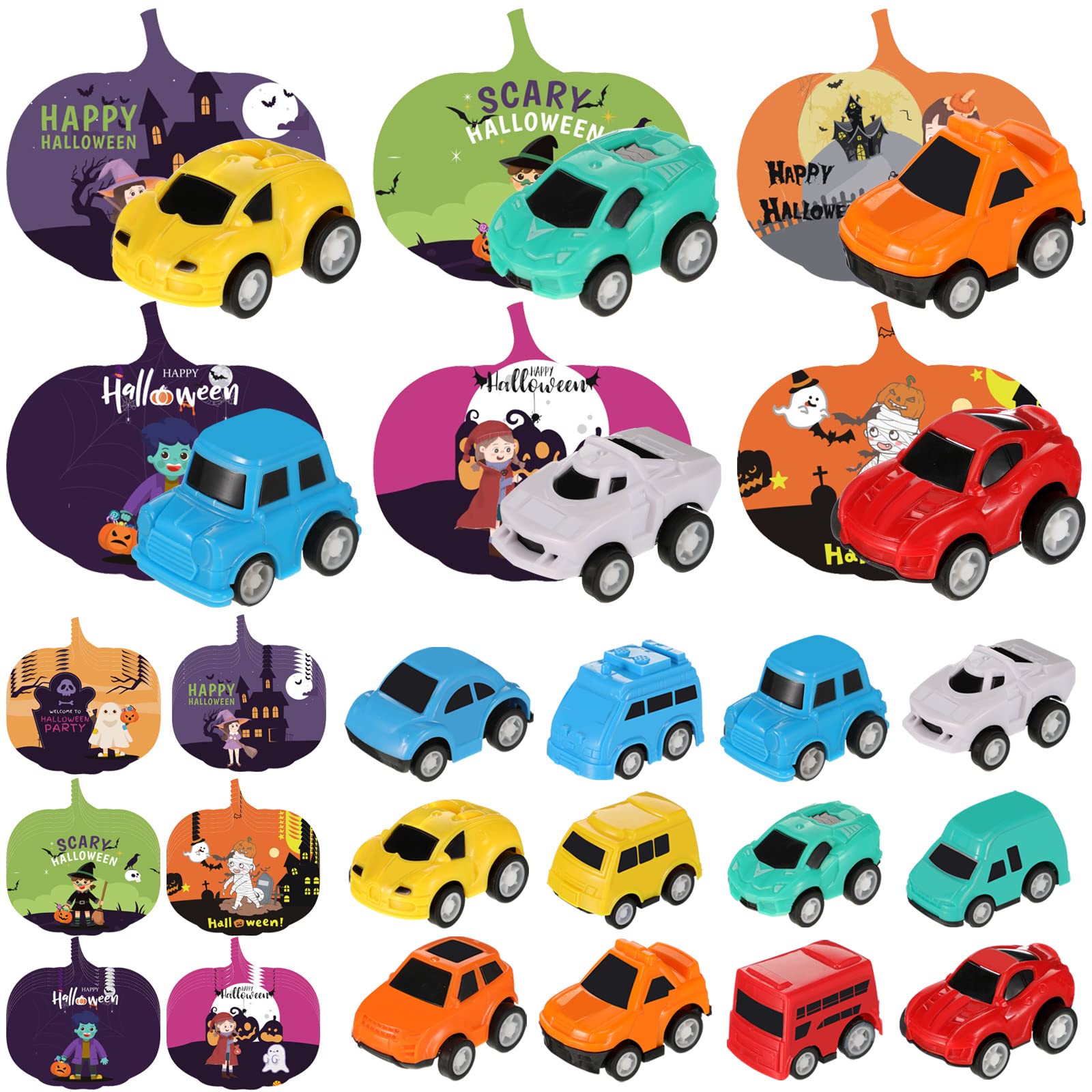 Photo 1 of 48 Pcs Pull Back Vehicles Halloween Greeting Card Set 24 Construction Vehicles Pull Back Cars Toddler Car Toys and 24 Halloween Cards for Halloween Party Favors Goodie Bag Stuffers(Classic Style)