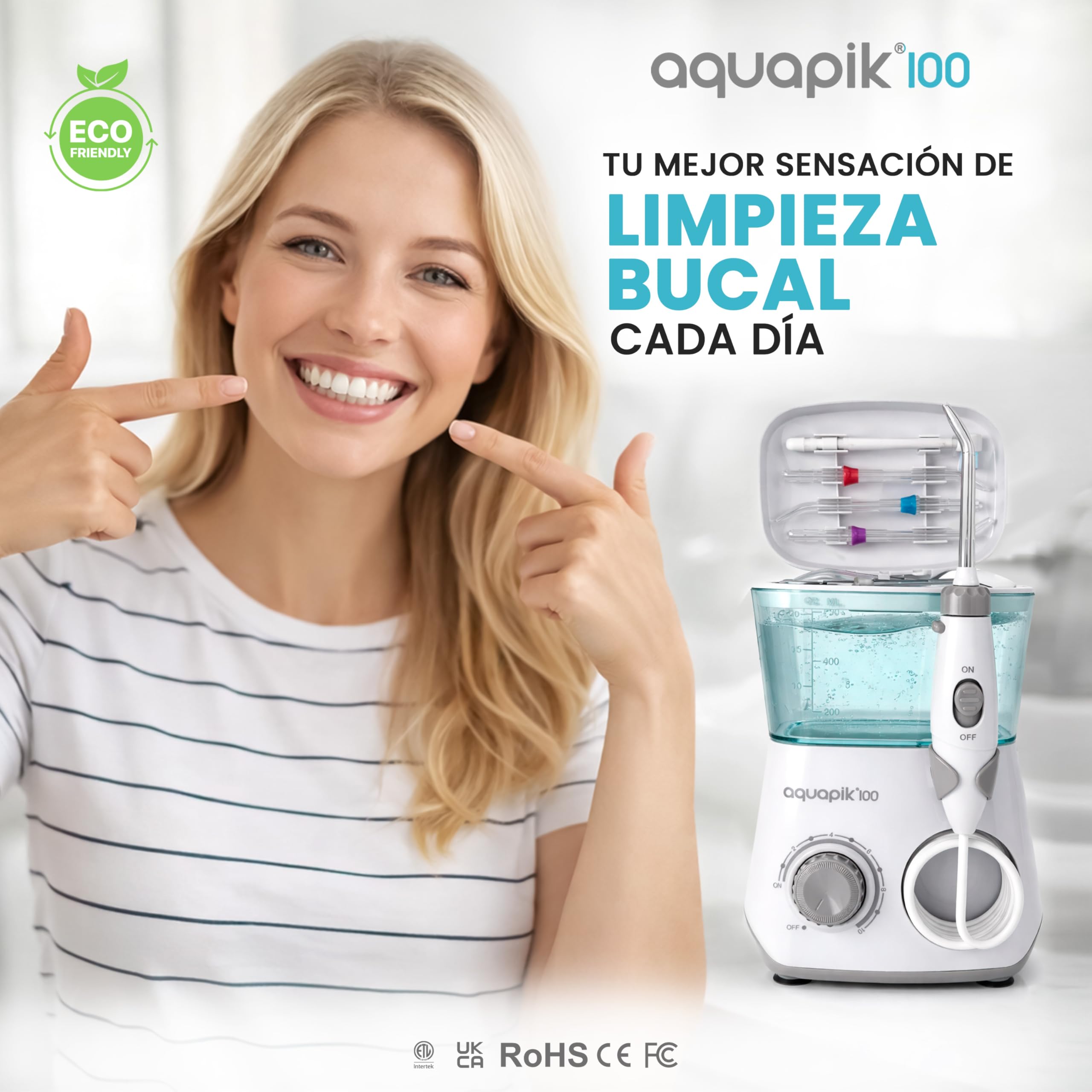 Irrigador dental Aquapik100® profesional waterflosser limpieza profunda 10 niveles de presión 8 boquillas depósito 600ml para encías sensibles ortodoncia puentes implantes elimina placa dental Blanco