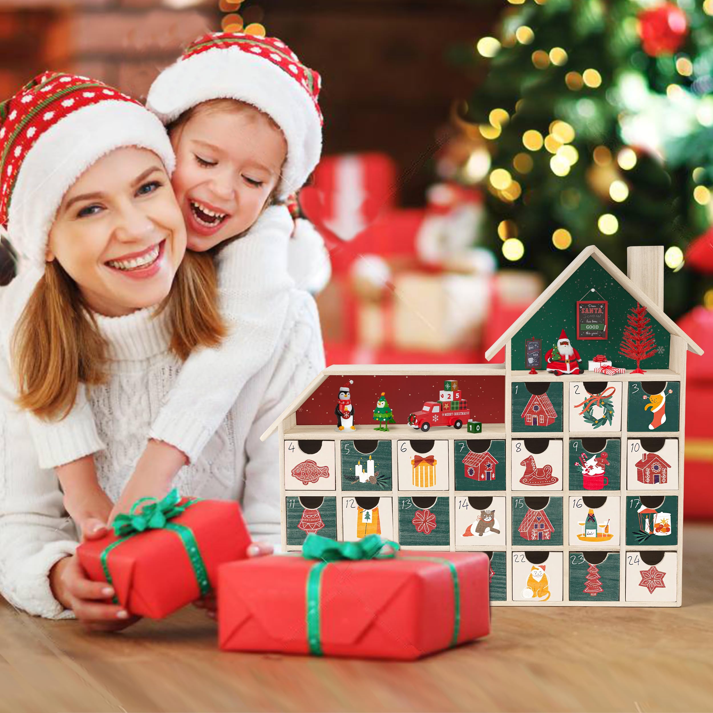 Sunlit Calendario de Adviento de madera de Navidad con cajones, madera sin terminar, calendario de cuenta regresiva en forma de chalet listo para decorar y personalizar | Caja de almacenamiento de