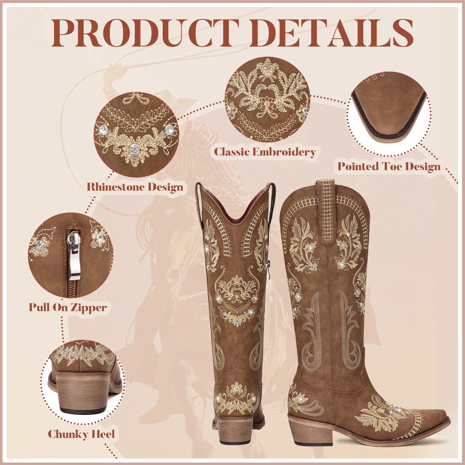 Stivali da cowboy da donna, stivali da cowgirl larghi al polpaccio alti al ginocchio, stivali da cowgirl con strass scintillanti glitterati con ricamo classico, stivali retrò a punta con