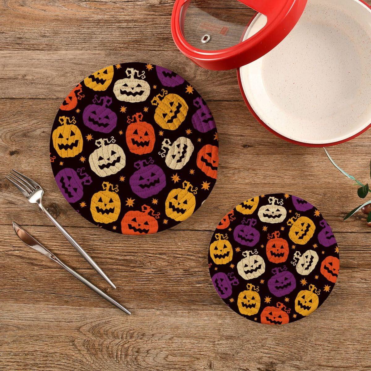 Halloween Pumpkin Potholders Set Trivets Set Pure Cotton Thread Weave Hot Pot Holders Set (Set of 2) Stylish Coasters, Hot Pads, Hot Mats,Spoon Rest for Cooking and Baking
