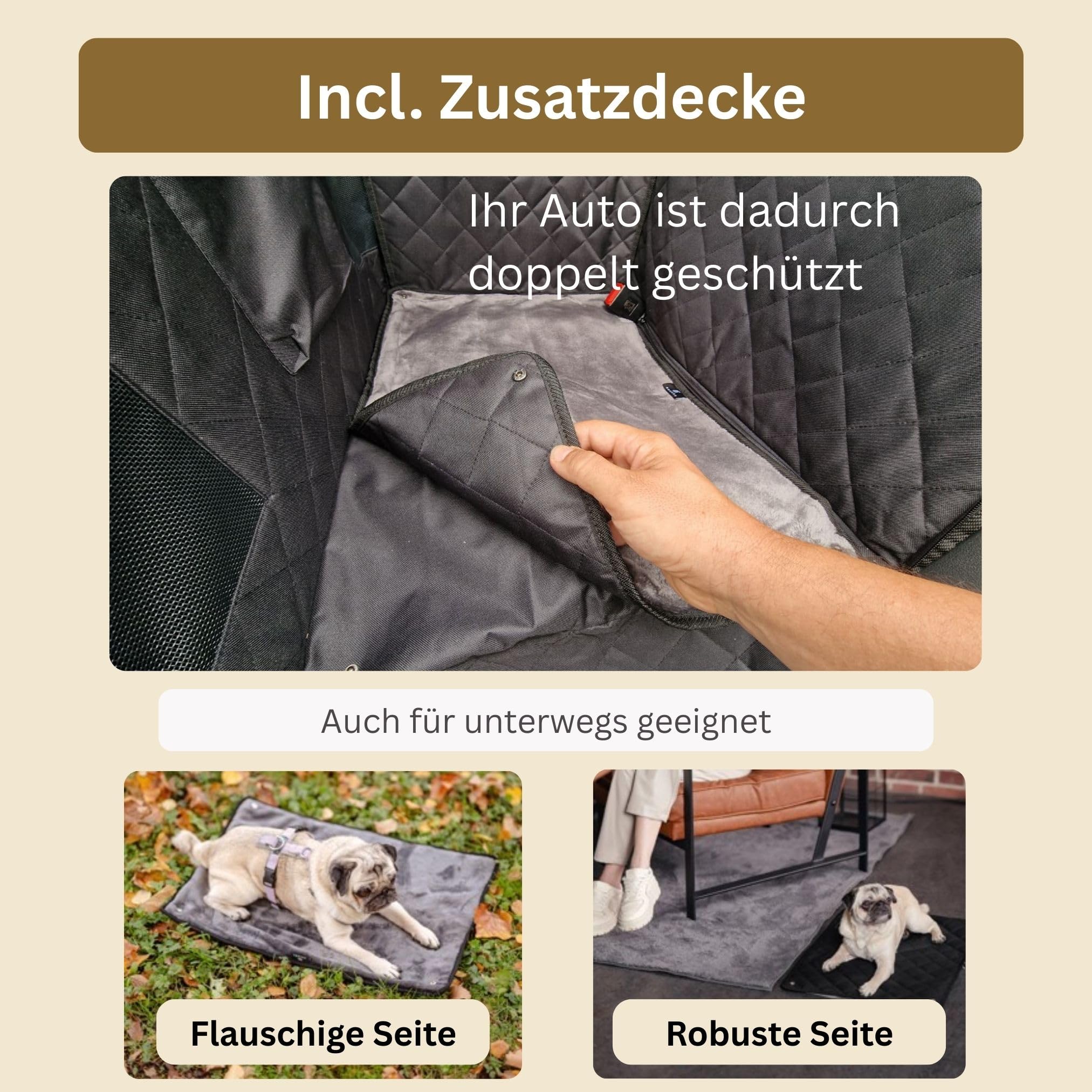 2GOODz Hunde Autositz für Rückbank mit Flauschiger Zusatzdecke | kleine, mittlere Hunde - Sicherheitsgurte in 2 versch. Längen - wasserdicht & robust