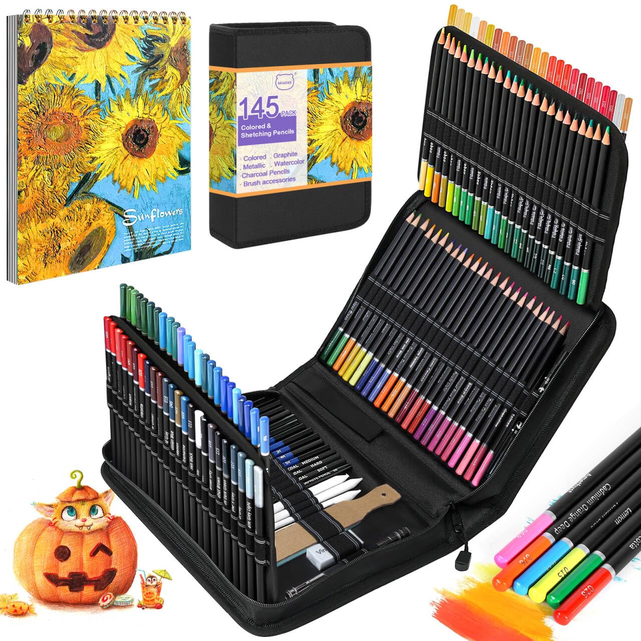 MIAOKE 145-PCS Drawing Sketching Pencils Set,Sketching Set，Includes Sketchbook, Graphite, Colored Pencils, And Sketch Pens For Beginners And Professional Artists