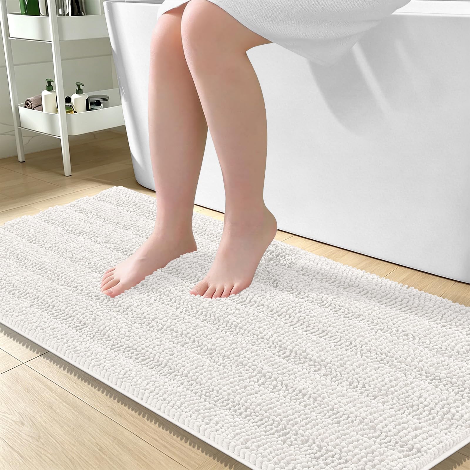 OLANLY Thick Large Bathroom Rugs 50x30, Soft Chenille Bath Rugs, Ivory
