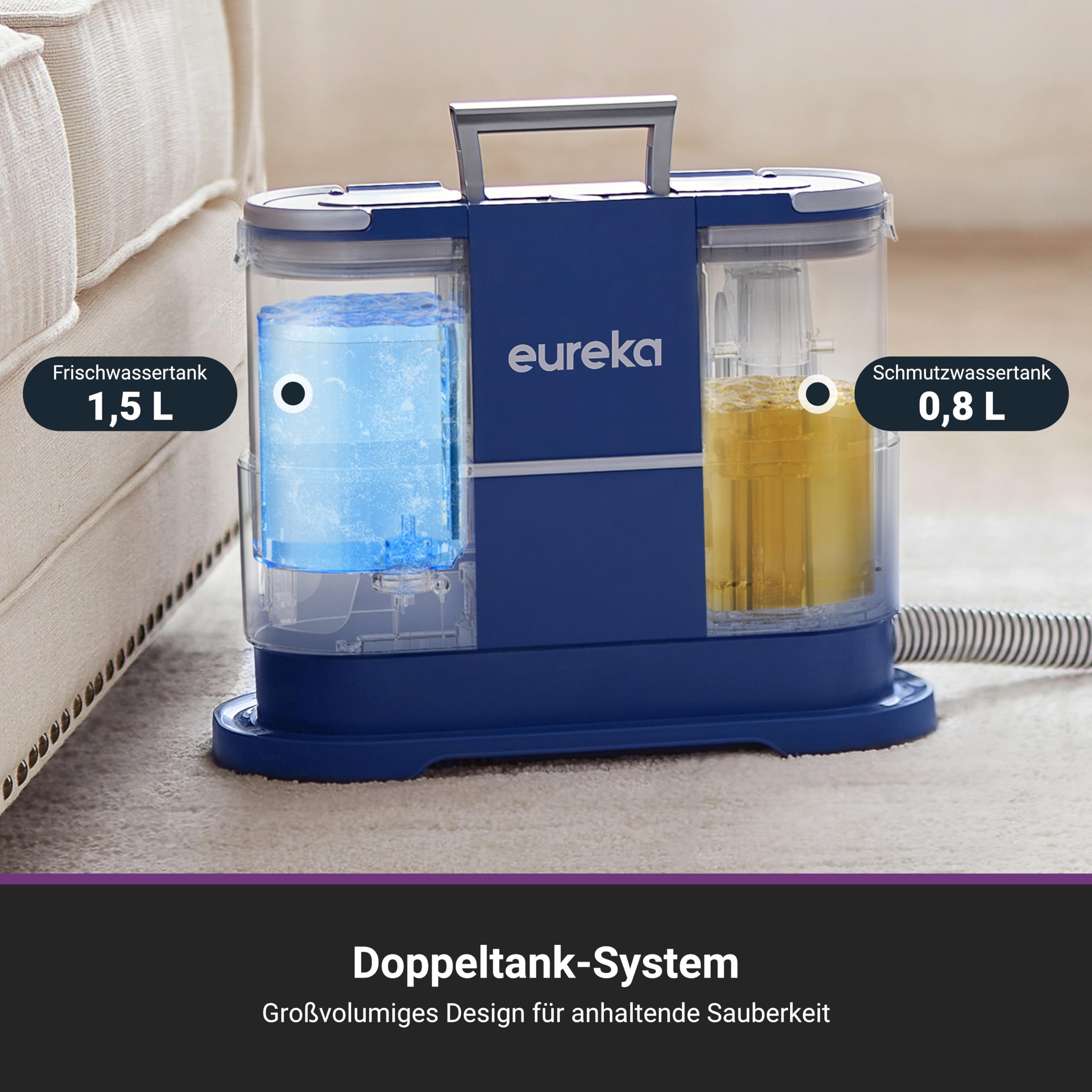Eureka NEY100 Waschsauger, Teppichreiniger, Polsterreiniger | für Sofa, Vorleger, Polster, Auto | Nass-Trocken-Sauger mit starker Saugkraft 12500Pa, 82dB, 1,5L großer Wassertank mit Reinigungsformel