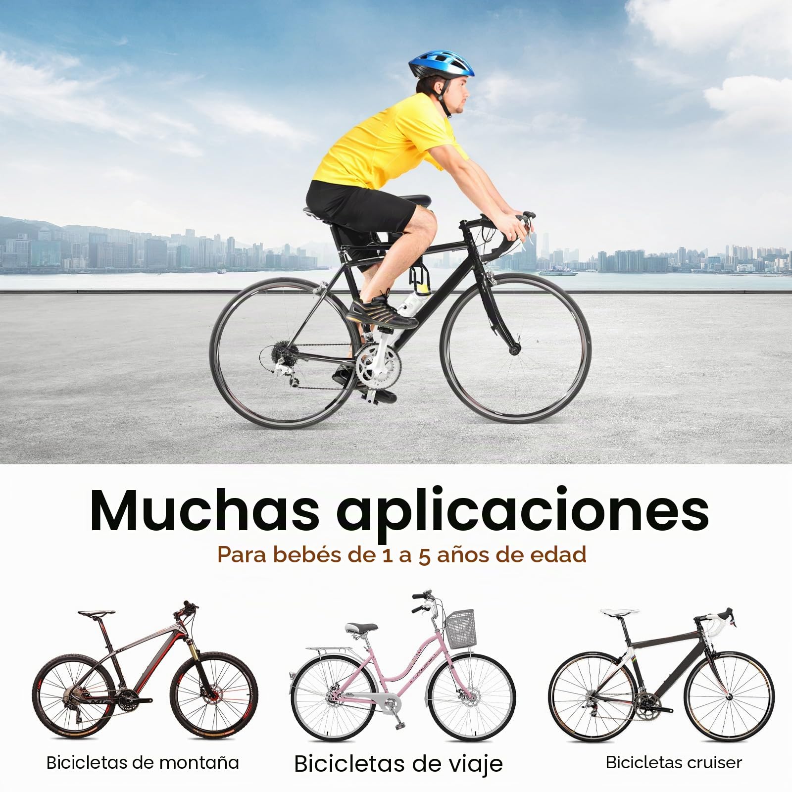Asiento infantil ajustable para bicicleta delantero seguro con correas y barandillas, práctico para bicicletas de ciudad y bicicletas familiares
