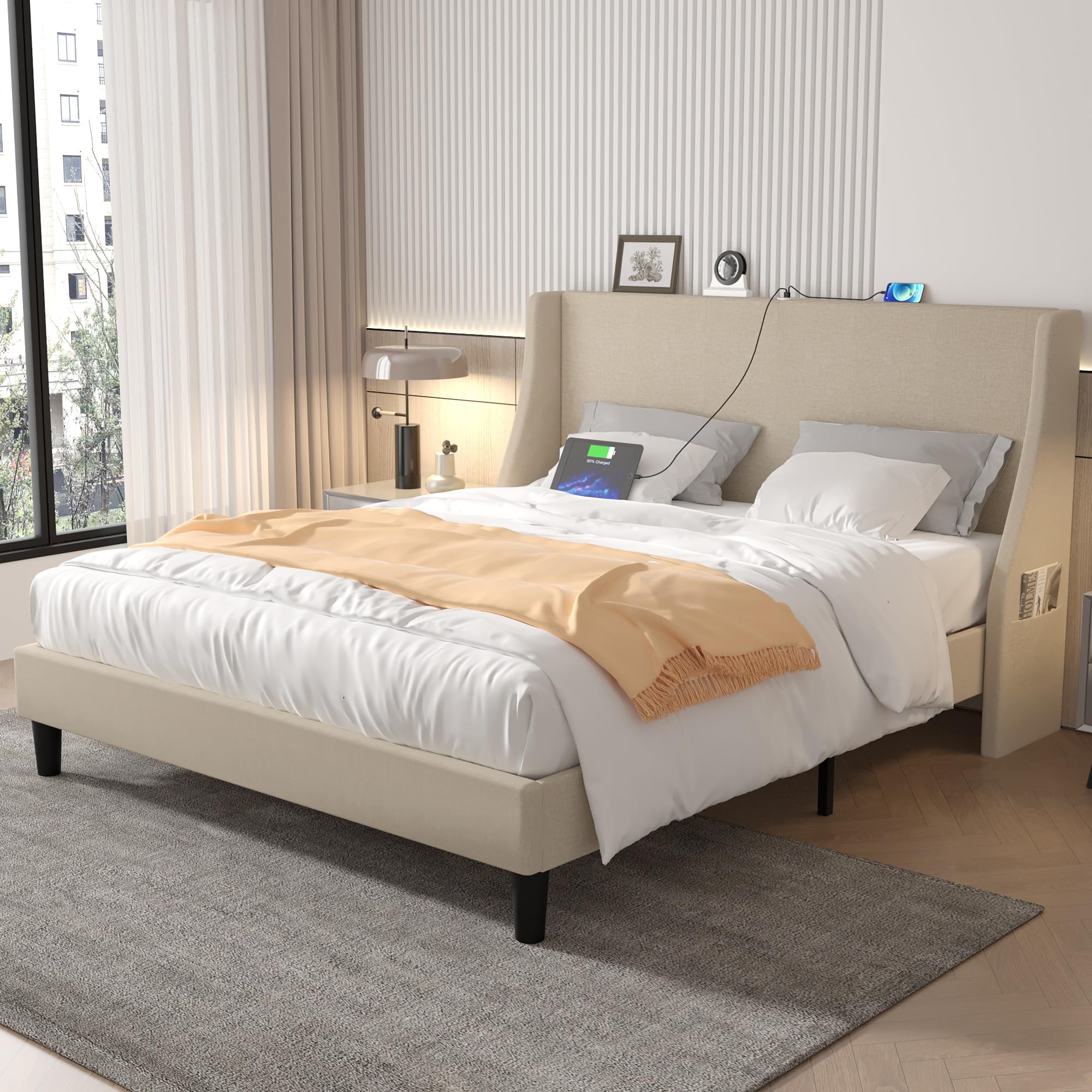 VECELO Queen Bed Frame with Upholstered Wingback Headboard, Heavy-Duty Platform Bedframe with Charging Station & Side Pockets, No Box Spring Needed,