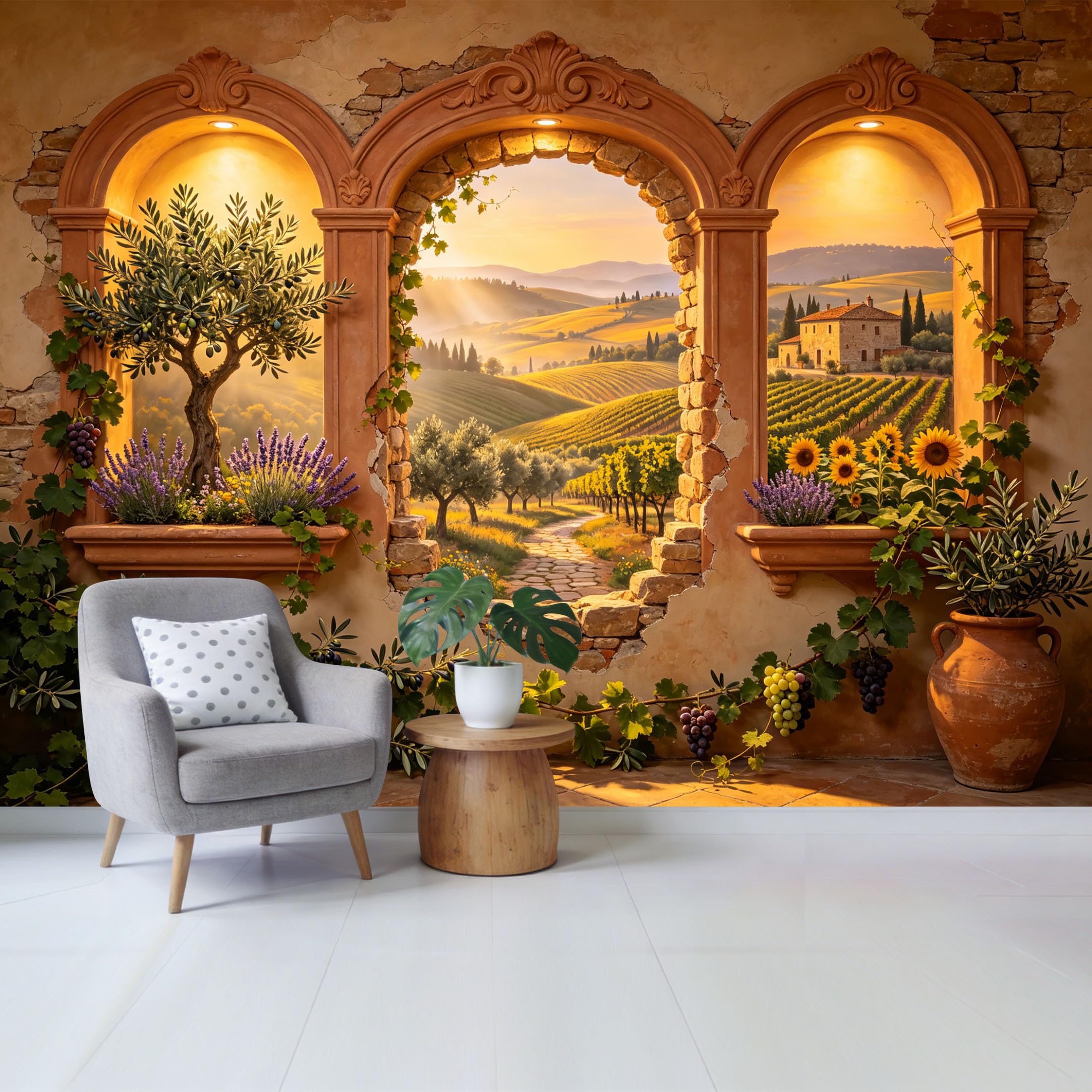 Custom Size Wall Mural Mediterranean Countryside Vineyard Landscape Olive Tree Sunflower Rustic Window View Removable Self Adhesive Fabric Home Wall Decor for Living Room Bedroom Bathroom