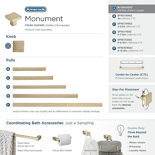 Miniatura 4 de Amerock Pomo de gabinete | Champán dorado | 1-3/16 pulgadas (1.181 in) de longitud | Monumento | Paquete de 2 | Perilla de cajón | Herrajes para