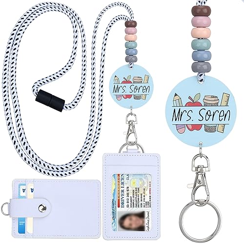 Personalized Teacher Lanyards for Id Badges and Keys, Cute Beaded Lanyards for Women with Keychain and Leather Holder of 3 Card Slots (A-25