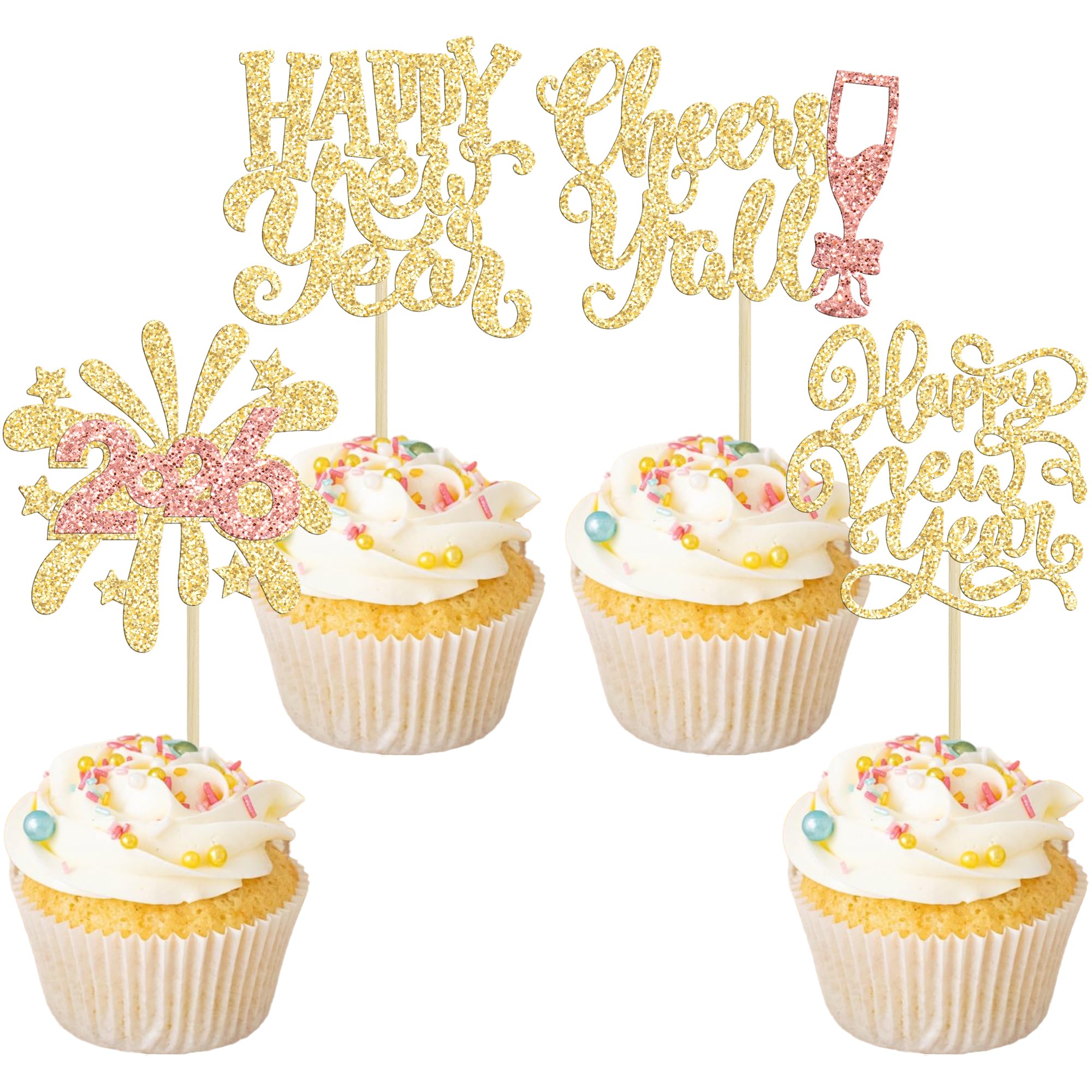 Ephlyn 24Pcs 2026 Happy New Year Cupcake Toppers Glitter Fireworks Clock Hello 2026 Cupcake Picks for Cheers to 2026 Happy New Year Theme Holiday Party Cake Decorations Supplies Gold