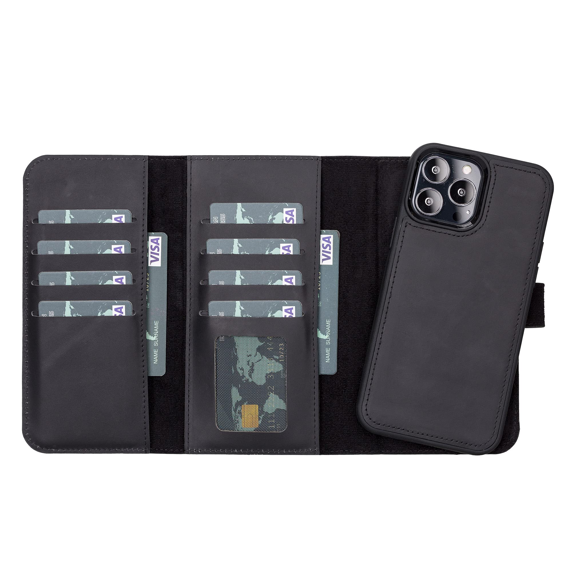 iPhone 13 Pro Max 6.7" Tri-fold Wallet, Black Full Grain Leather iPhone 13 Pro Max 2 in 1 Case, Magnetic Detachable Back Cover
