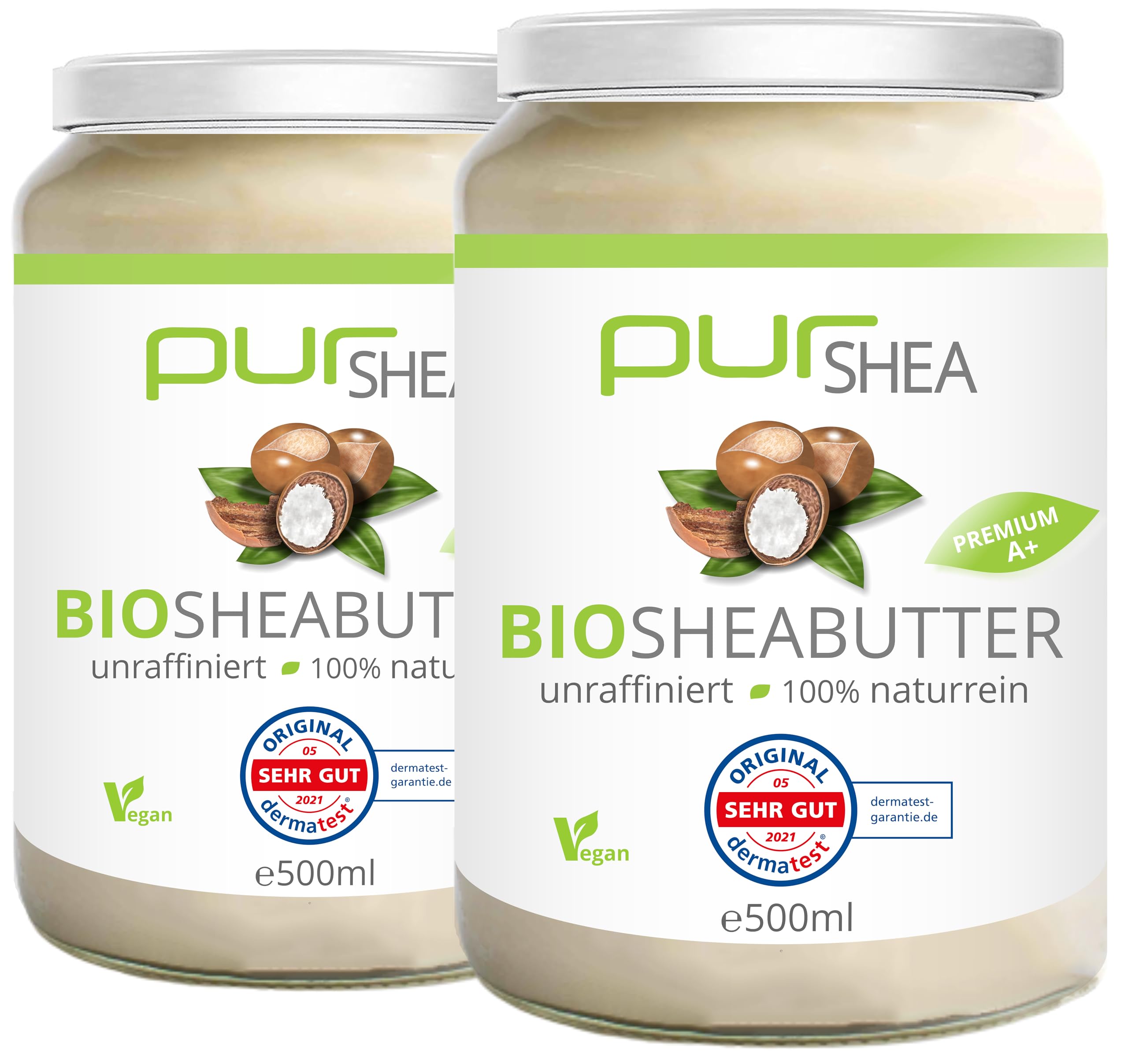Bio Sheabutter (2x500ml) GLAS-Unraffiniert -Naturbelassen Ohne Zusätze Vegan Parfümfrei- 100% Reine Bio-Sheabutter Plastikfrei im Glas -Shea Butter- Premium Qualität (A+)