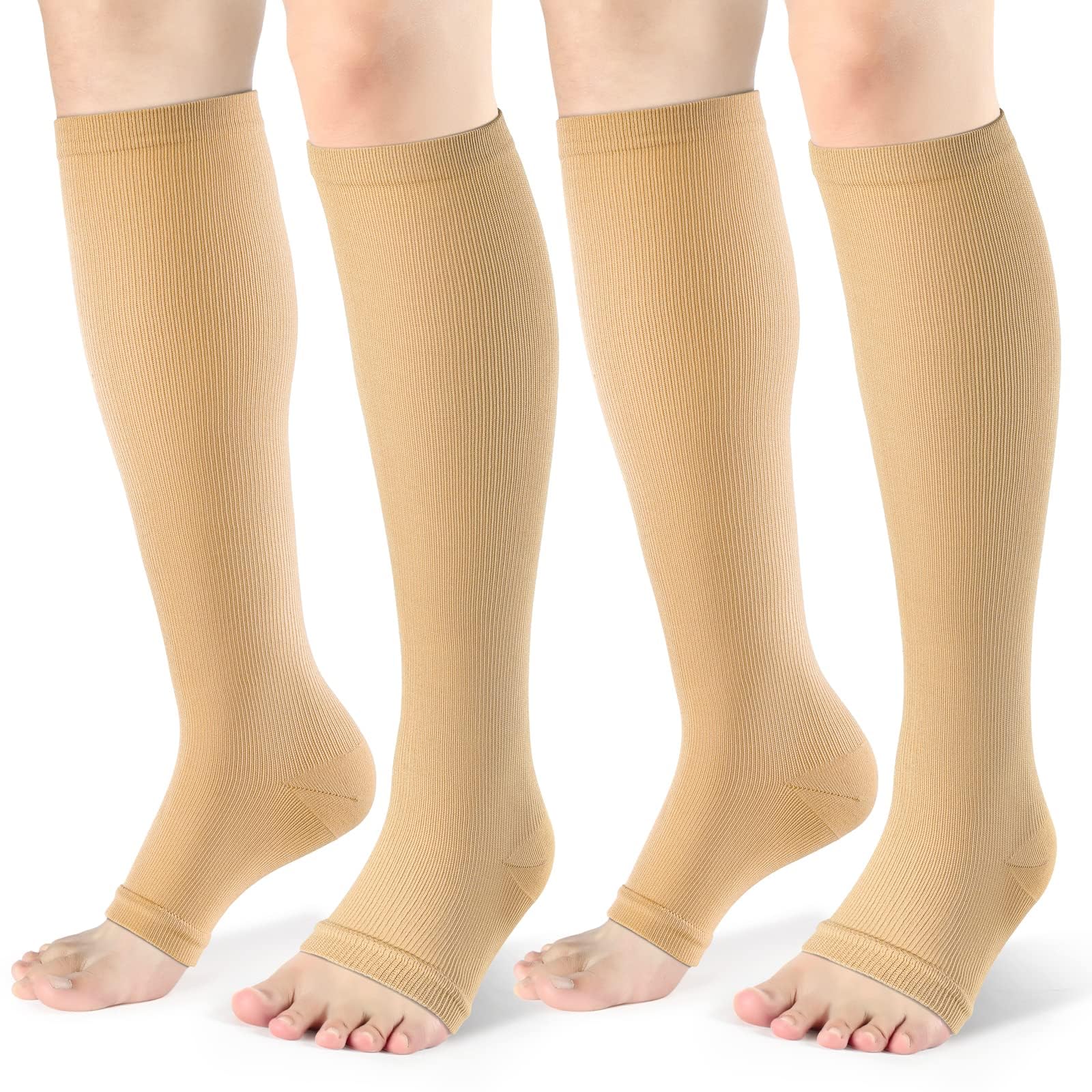 cerpite Open Toe Compression Socks Women & Men-2 Pairs 15-20 mmHg Knee High Stockings for Circulation Support