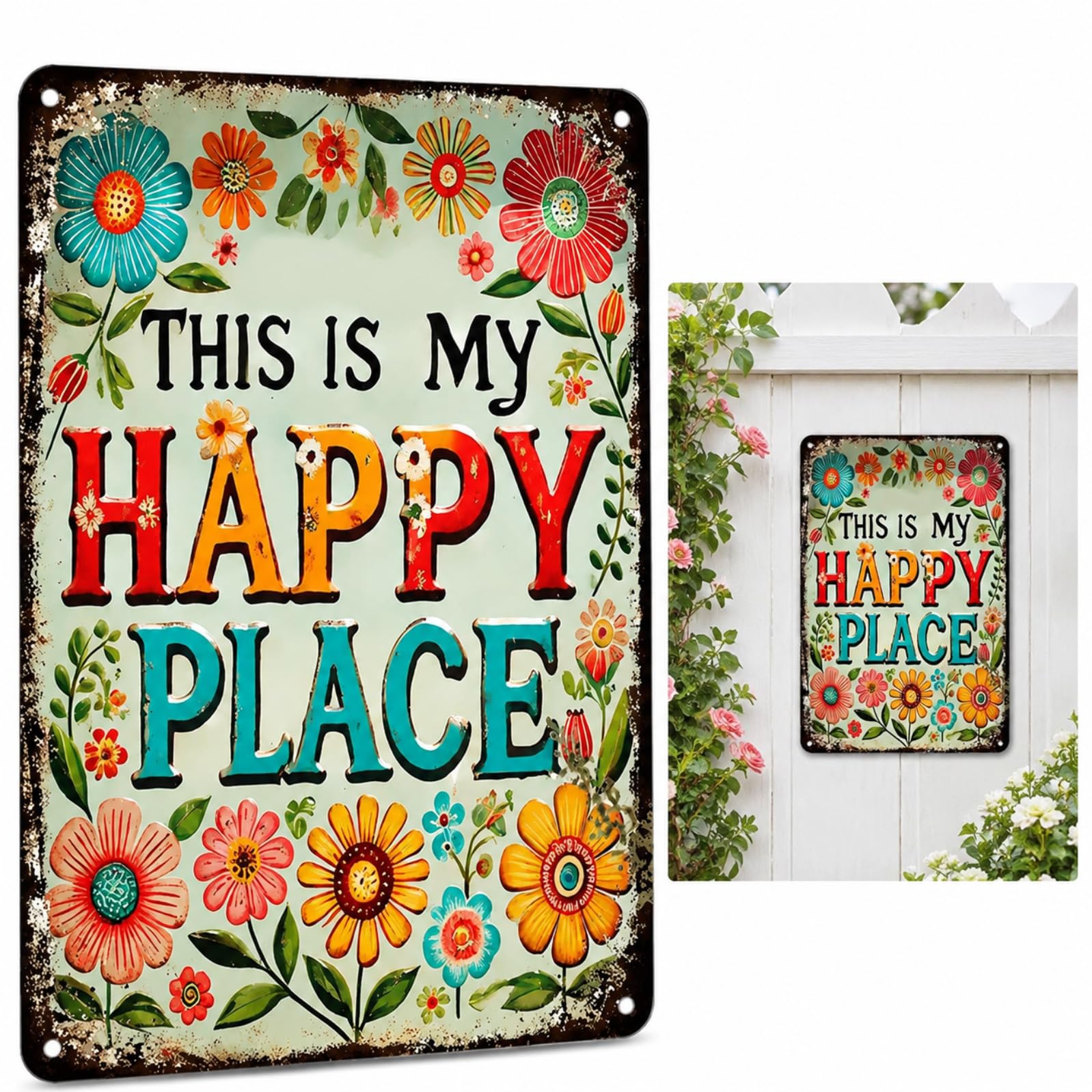Vintage Floral Metal Garden Sign "This Is My Happy Place", 20x30cm Rustic Tin Plaque for Outdoor Patio Wall Decor, Retro Iron Wall Art for Yard Fence Shed Home