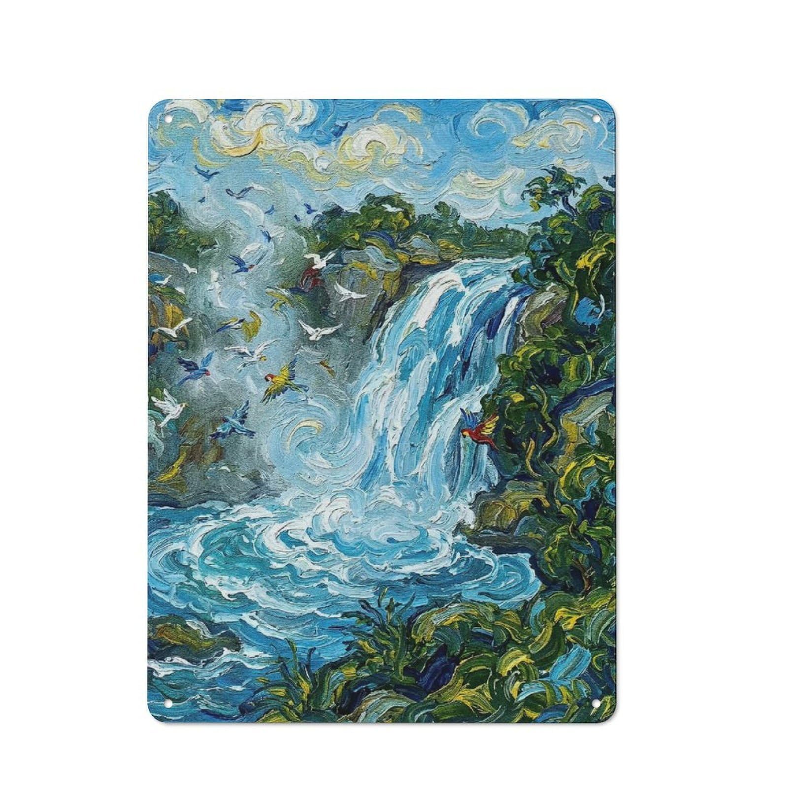 Junmoney Style-10 For Hobby Room Or Studio, Waterfall And Birds Impressionistic Painting Retro Metal Wall Sign 40X30cm, For Vintage Wall Decor Fans, For Themed Room Decoration