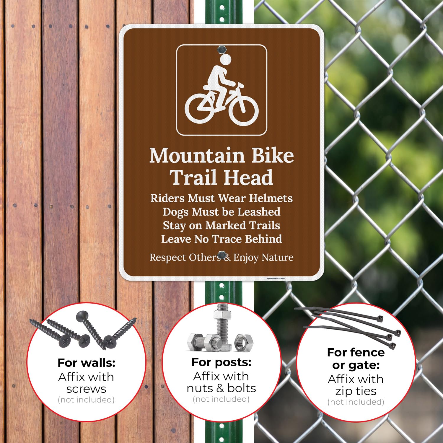 Mountain Bike Trail Head Riders Must Wear Helmets Dogs Must Be Leashed Sign, 24x30 Inches, 3M EGP Reflective .080 Aluminum, Fade Resistant, Made in USA