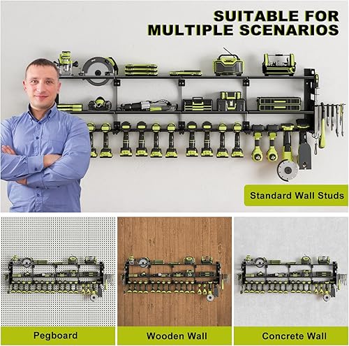 Miniatura 7 de Organizador de herramientas eléctricas de 64 pulgadas para montaje en pared, 16 ranuras, taladro de 3 niveles y soporte de almacenamiento de