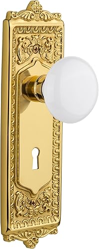 Miniatura 4 de Nostalgic Warehouse Plato de huevo y dardos con perilla de porcelana blanca con orificio de cerradura, paso - 2.75 pulgadas, bronce aceitado