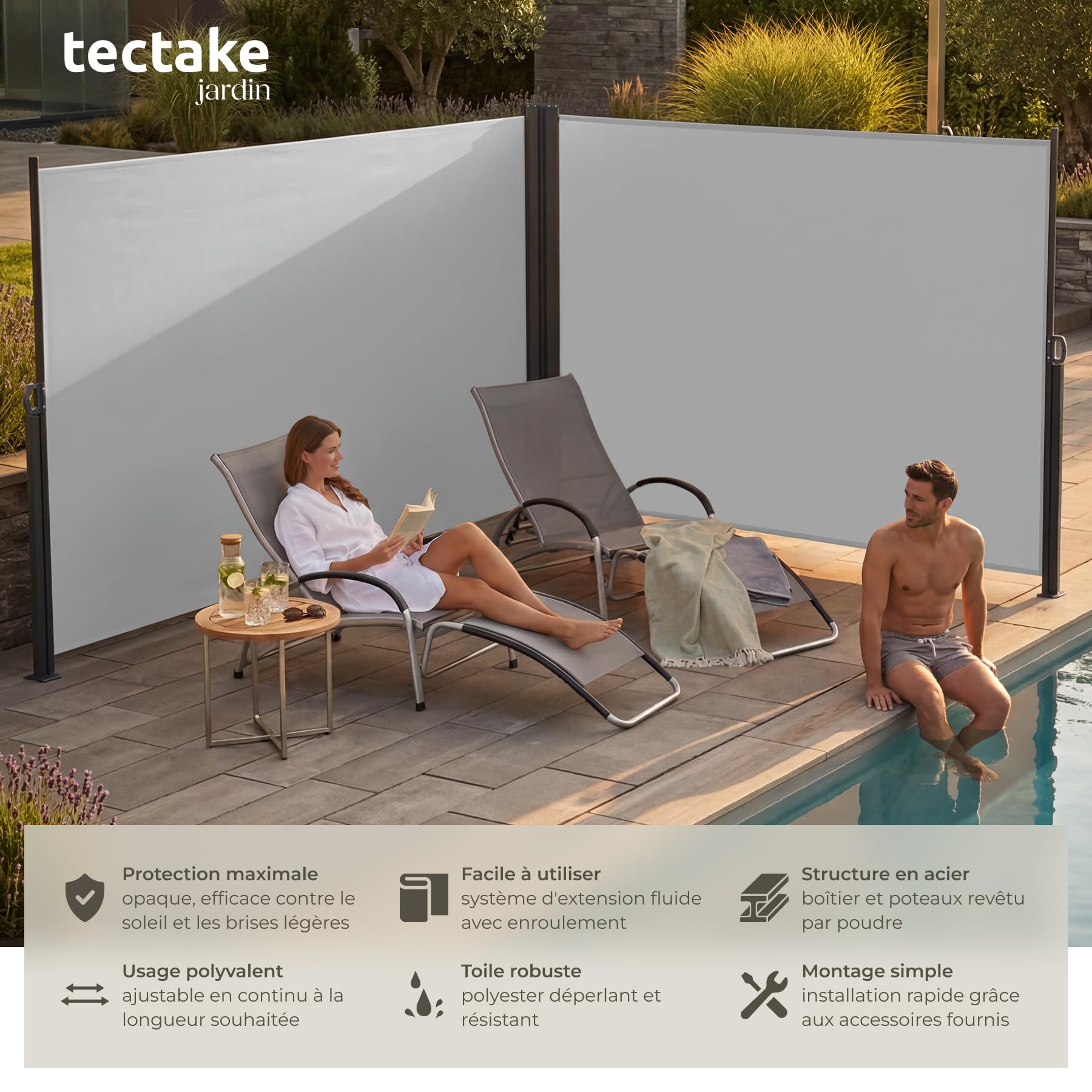 tectake® Store Latéral Double 200 x 600 cm, Résistant aux intempéries, Extensible avec mécanisme d'enroulement, Brise Vue Opaque, Protection Soleil et Vent, Tissu en Polyester Enduit - Gris
