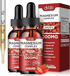 Triple Magnesium Complex Supplement, Magnesium Glycinate, Blend, Citrate Liquid Drops 1000mg with Ashwagandha, CoQ10, Vitamin B6, C, D, Zinc -Support Calm Stress Relief, Bone, Muscle, Mood 2 Pack
