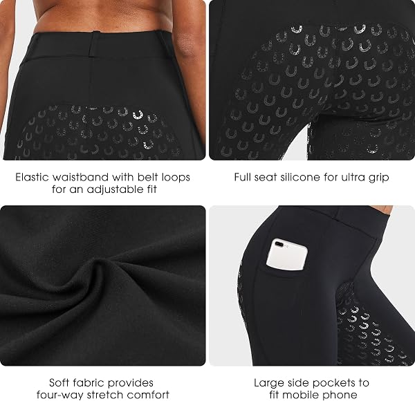 FitsT4 Leggings da Equitazione da Donna, in Silicone, con Tasca per Cellulare e Passanti per Cintura - 3