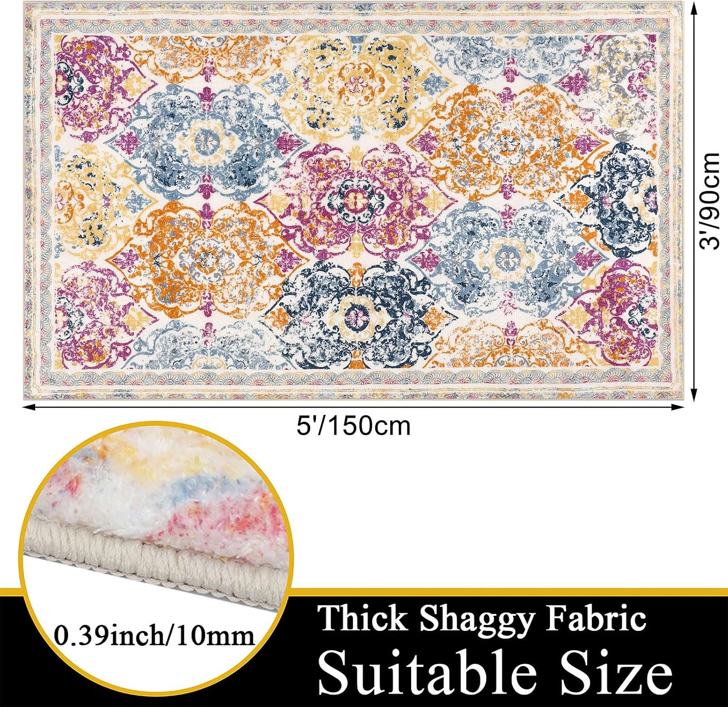 Vaukki Living Room Rug, Vintage Shaggy Soft Laundry Rug, Non Slip Kitchen Area Mat, Washable Farmhouse Bedroom Area Carpet for Bathroom, Kitchen and Kidsroom (3'x5', Colorful)