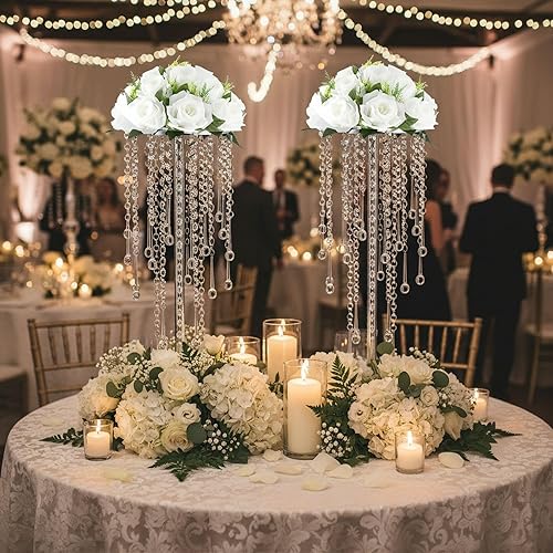 Miniatura 2 de Bigsee 2 soportes de flores de cristal de 21.65 pulgadas, centros de mesa para mesas, soporte de arreglos florales de metal dorado de mesa, jarrones