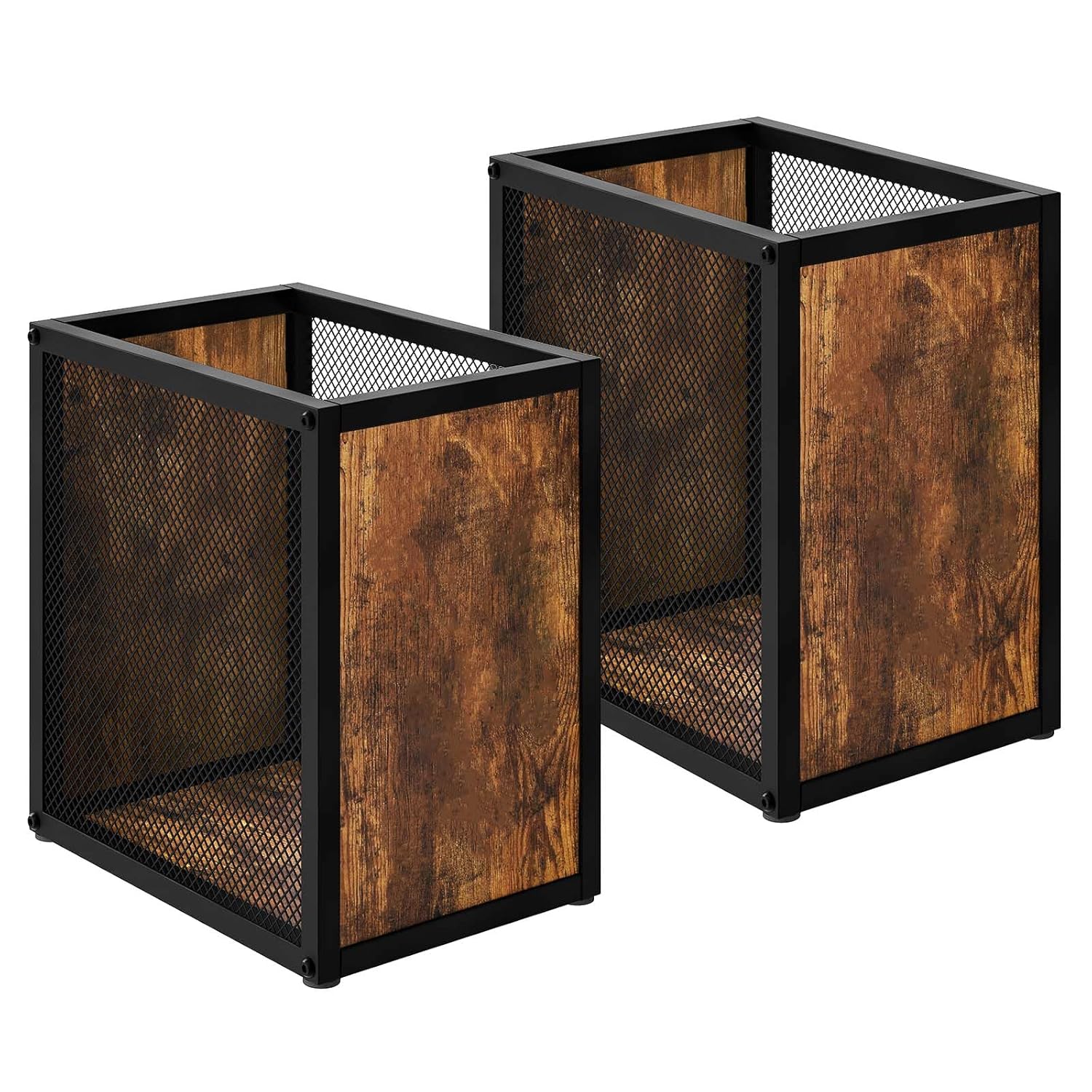 Office Trash Can 2 Pack, 4 Gallon Garbage Can, Metal Wastebasket with Wood-Look Panels, Industrial Style Trash Can for Office, Study, Rustic Brown and Black WB03L2BR