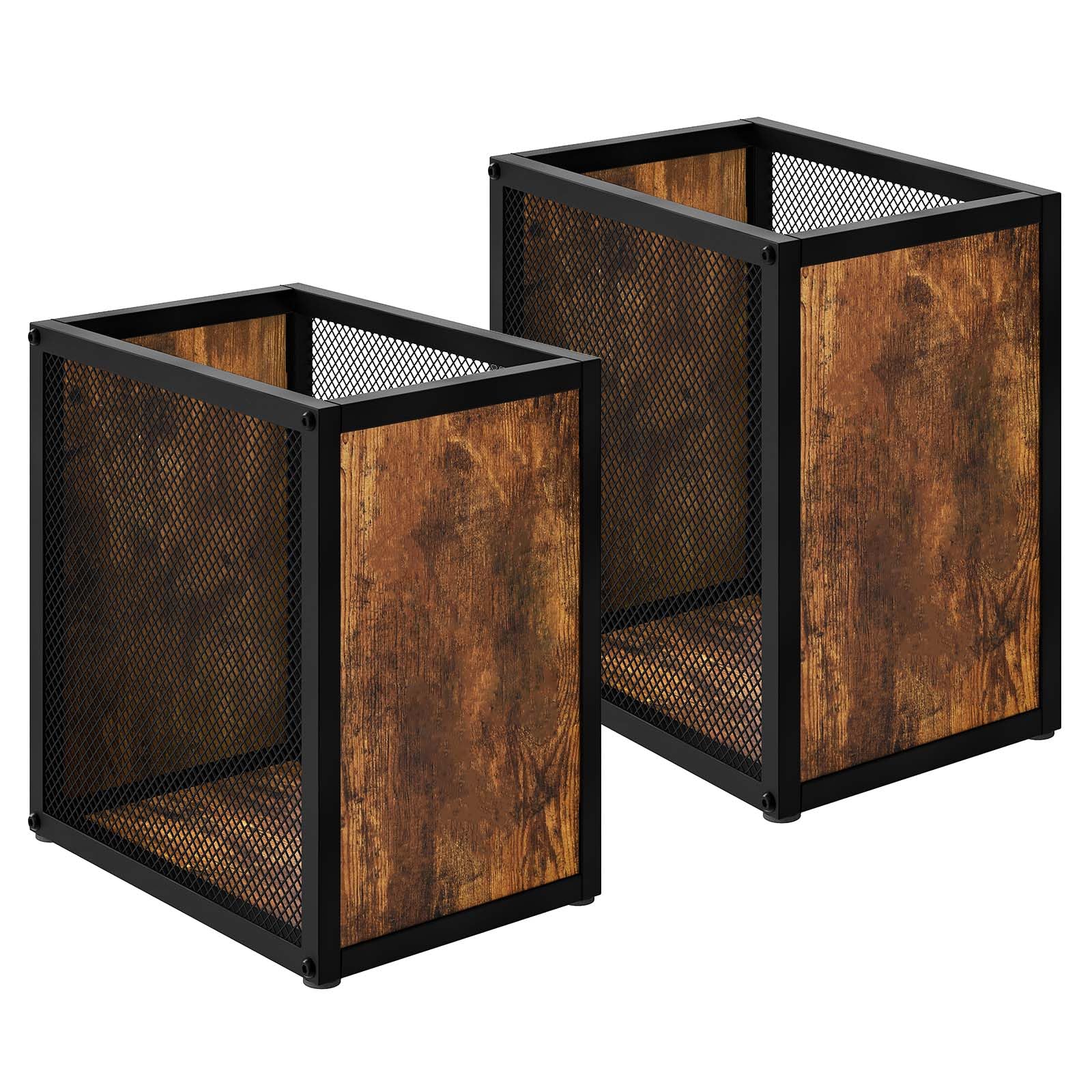 Office Trash Can 2 Pack 4 Gallon Garbage Can Metal Wastebasket with Wood-Look Panels Industrial Style Trash Can