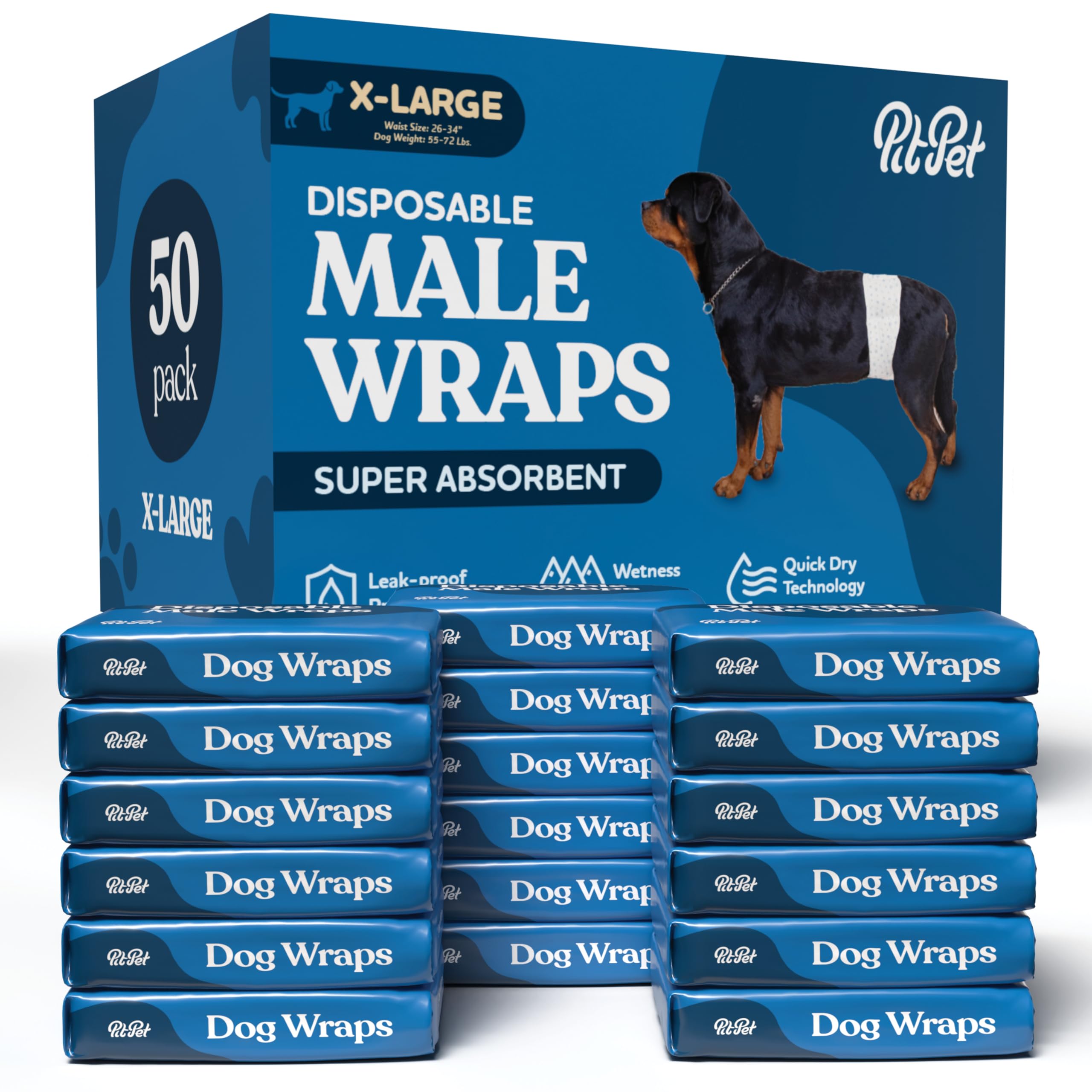 Pañales cómodos para perros machos, paquete de 50 envolturas desechables superabsorbentes para perros machos, tecnología FlashDry gel, indicador de humedad, pañales para perros, envolturas para el