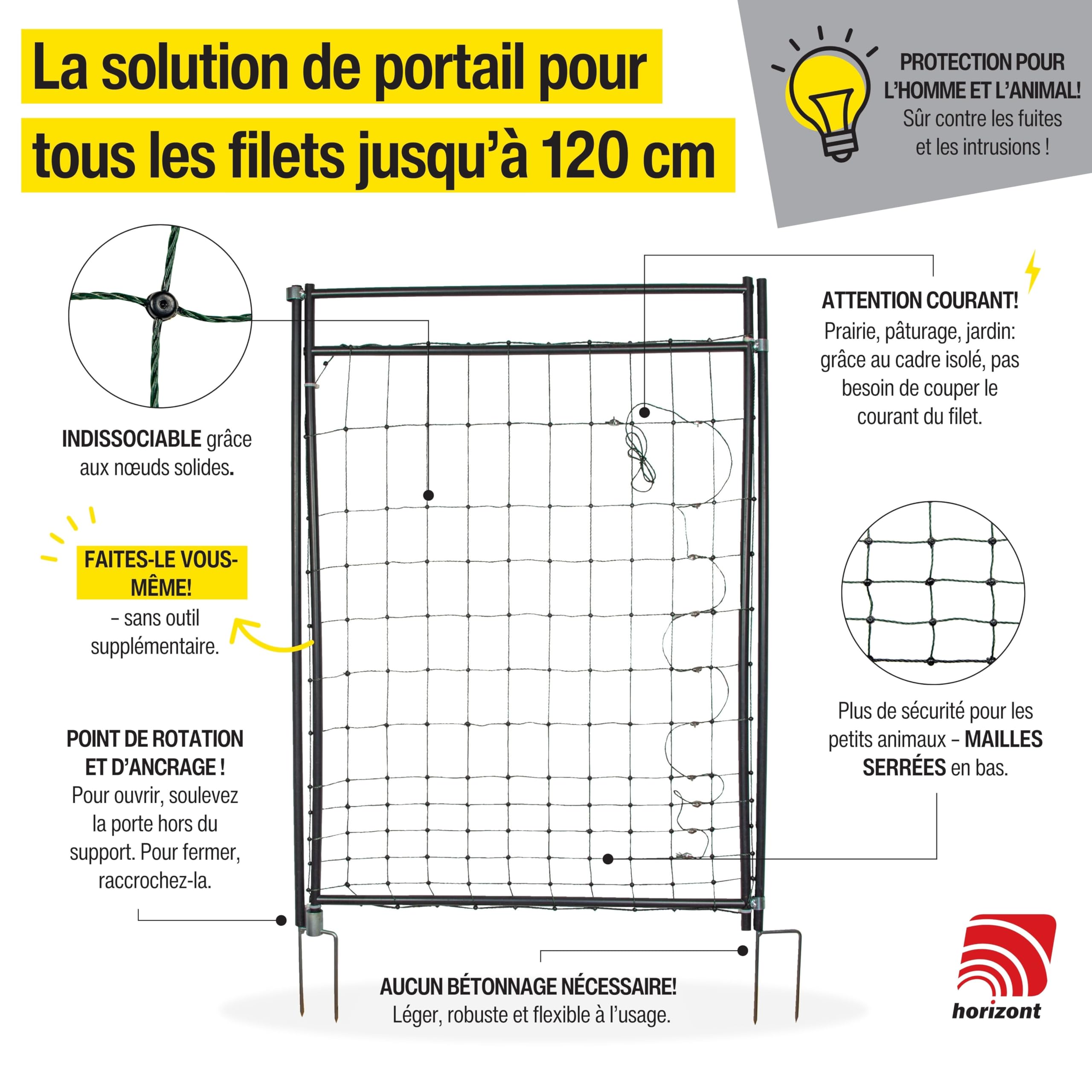 horizont Hotgate porte pour filet de clôture, porte pour filets électroniques, porte pour filets de clôture - 120 cm de hauteur, électrifiable