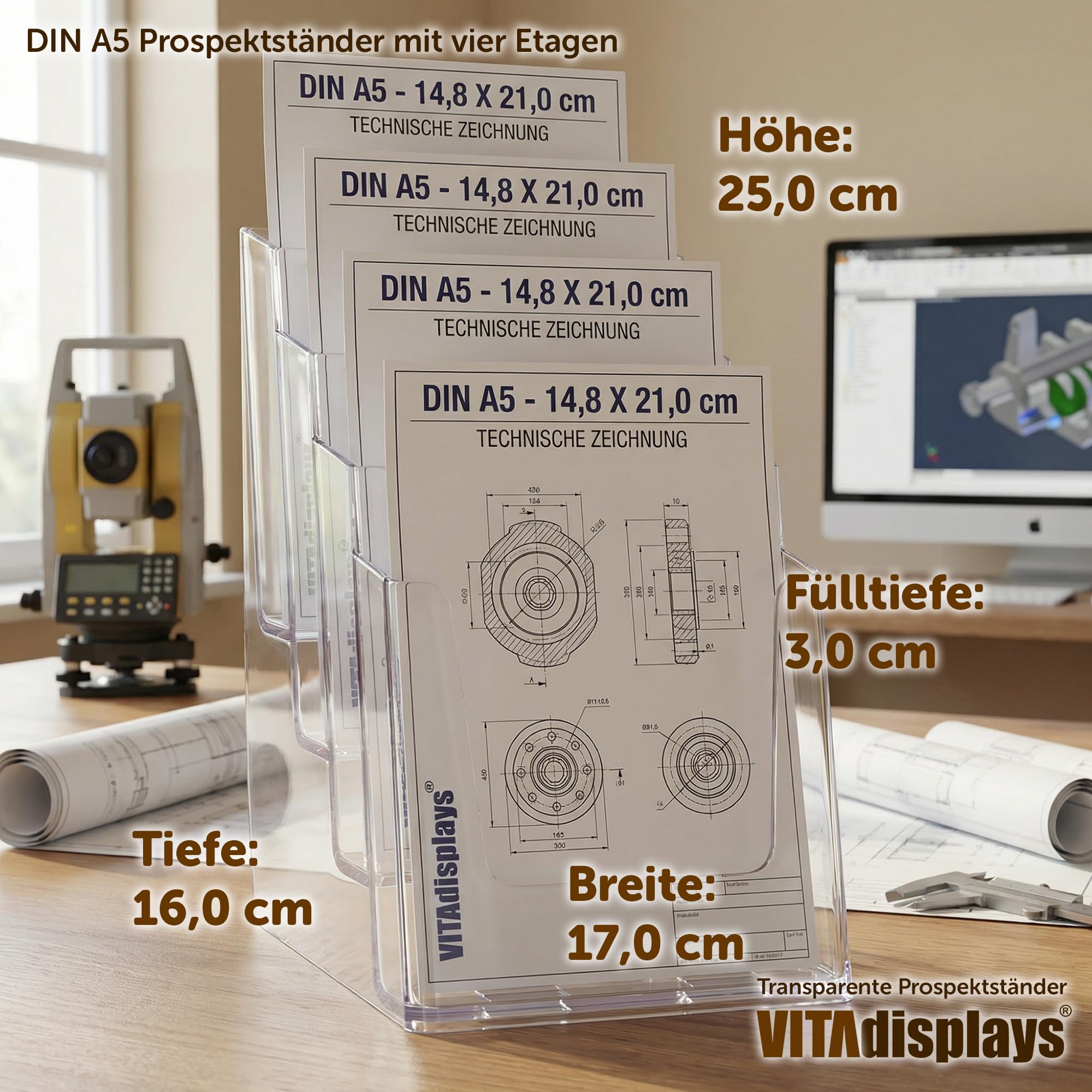 VITAdisplays® Expositor de folletos DIN A5 con 4 niveles, transparente (NE-164)