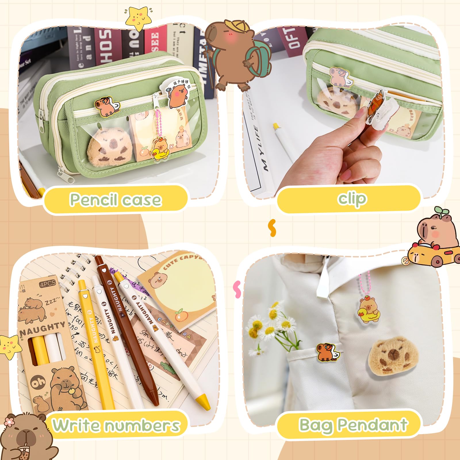 FYSL Federmäppchen mit Capybara Motiv, Großes Schlampermäppchen mit 9-Fach Organizer, Stiften, Stickern, Anhänger für Schule, College, Reisen, Capybara Geschenkset (Grün 9 Fach)