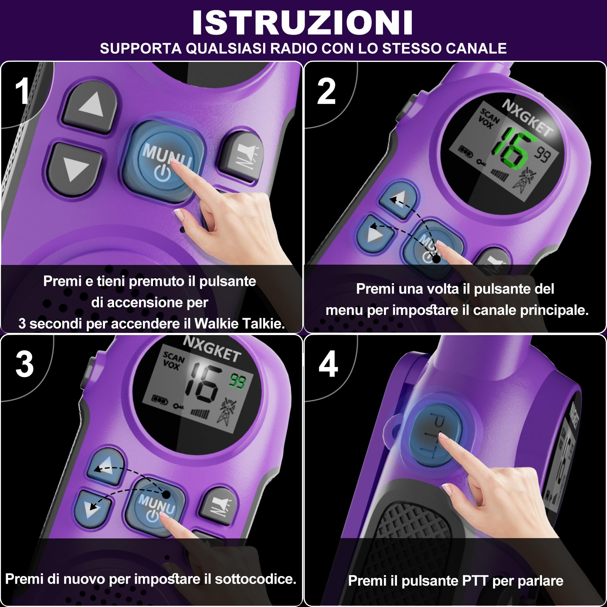 Walkie Talkie Professionali Ricaricabili per Bambini,NXGKET Radioline Woki Toki 16 Canali,Batteria Integrata,Con Torcia per Giochi all'aperto Campeggio Escursionismo