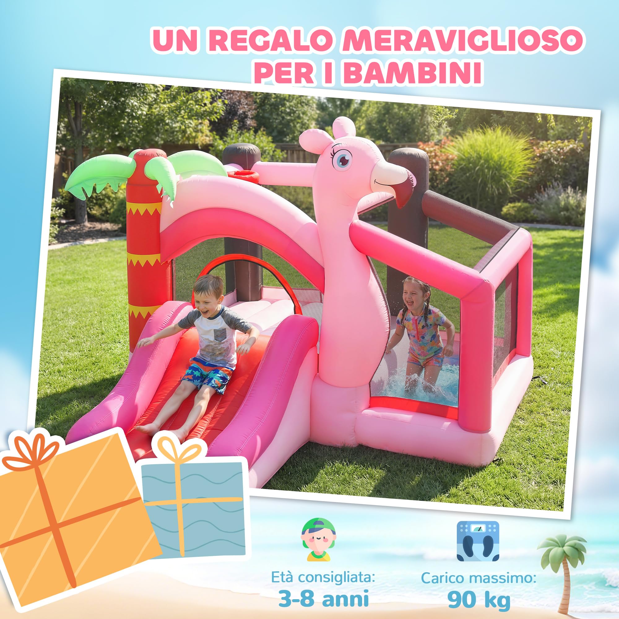 AIYAPLAY Castello Gonfiabile per Bambini 4 in 1, Scivolo, Trampolino, Piscina Palline, Canestro, Palloni Basket, Tema Fenicottero, Soffiatore, Borsa Trasporto, Interni Esterni, 255x230x196cm, Rosa