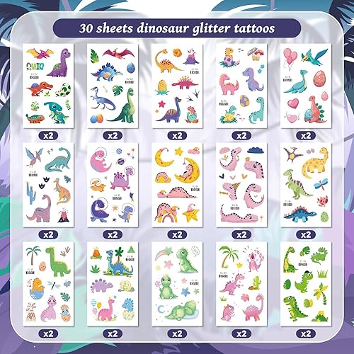 Miniatura 2 de EMOME Más de 180 estilos de tatuajes de dinosaurio con purpurina temporales para niños, tatuajes de dinosaurios para fiestas de cumpleaños,