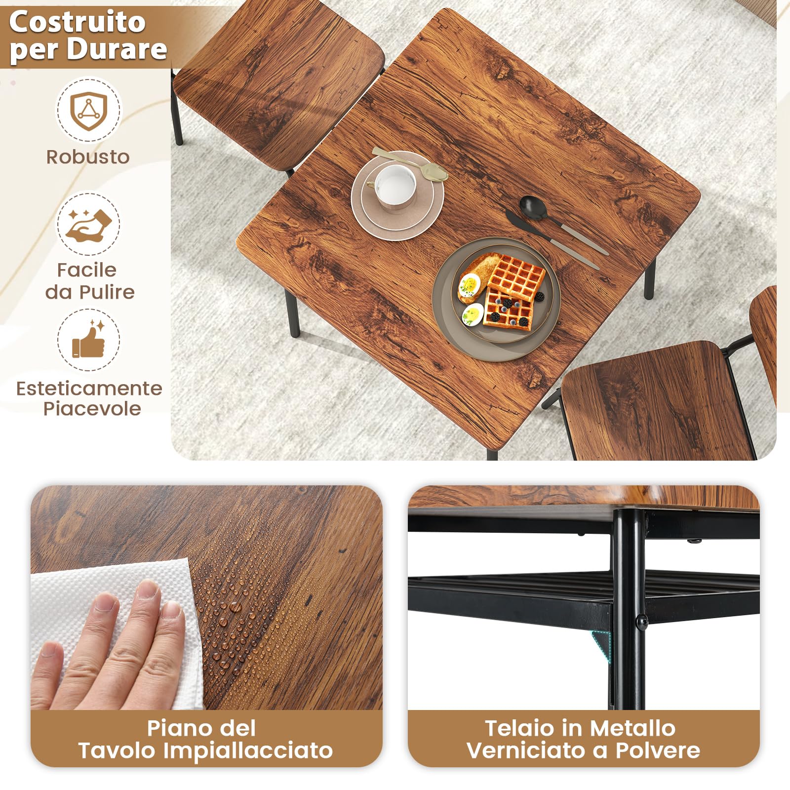 RELAX4LIFE Set Tavolo e Sedie da Pranzo in Stile Industriale, Tavolo Quadrato con Ripiano a Griglia e Sedia con Schienale e Seduta Curvi, Set di Mobili con Struttura in Metallo per la Casa