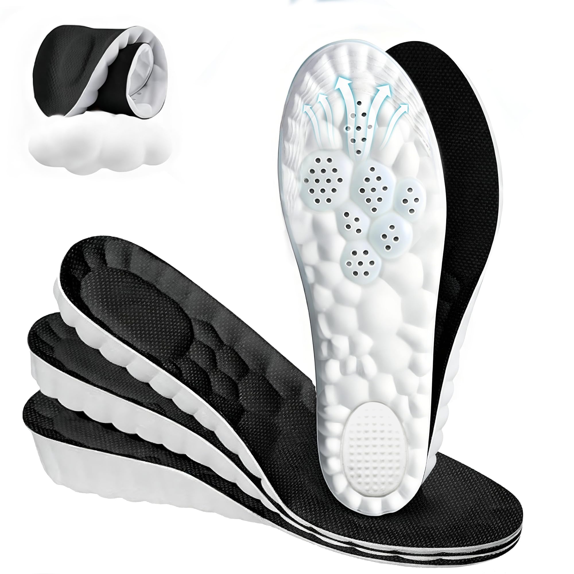 3 Pairs 0.6 in/1 in/1.4 in 4D Cloud Height Increase Insoles, Black, US 7-9