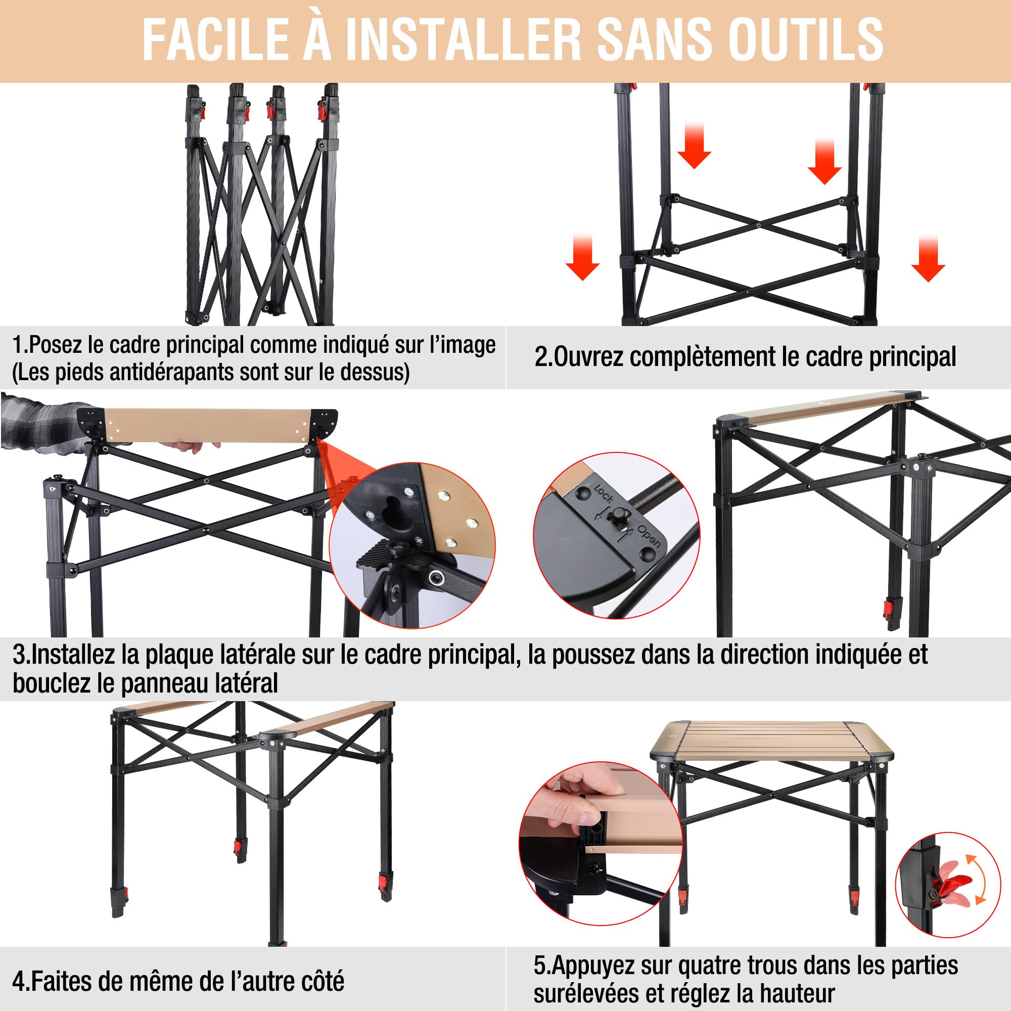 VILLEY Table de Camping Pliante, Table de Pique-Nique Pliable en Aluminium, Table Extérieure Portable avec Sac de Rangement, Table Pliante à Hauteur Réglable pour Randonnée Cuisine Jardin Plage, Large
