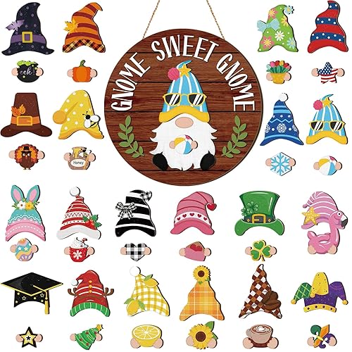 Wenqik 41 Pcs Interchangeable Gnome Signs Holiday Wooden Seasonal Gnome