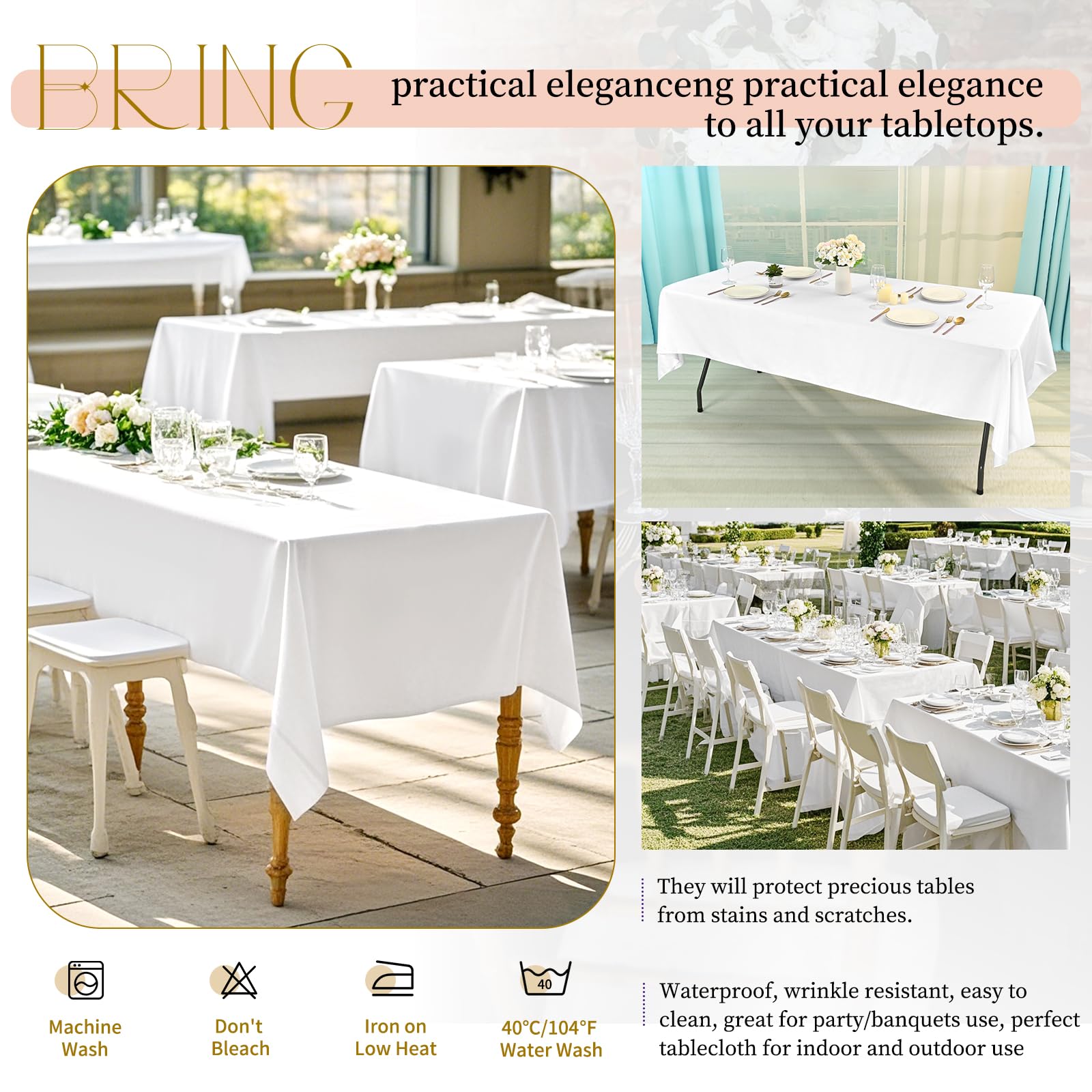 Lot de 6 nappes rectangulaires blanches pour tables rectangulaires de 2,4 m, 152,4 x 320 cm, infroissables, lavables, en polyester pour mariage, réception, banquet, fête